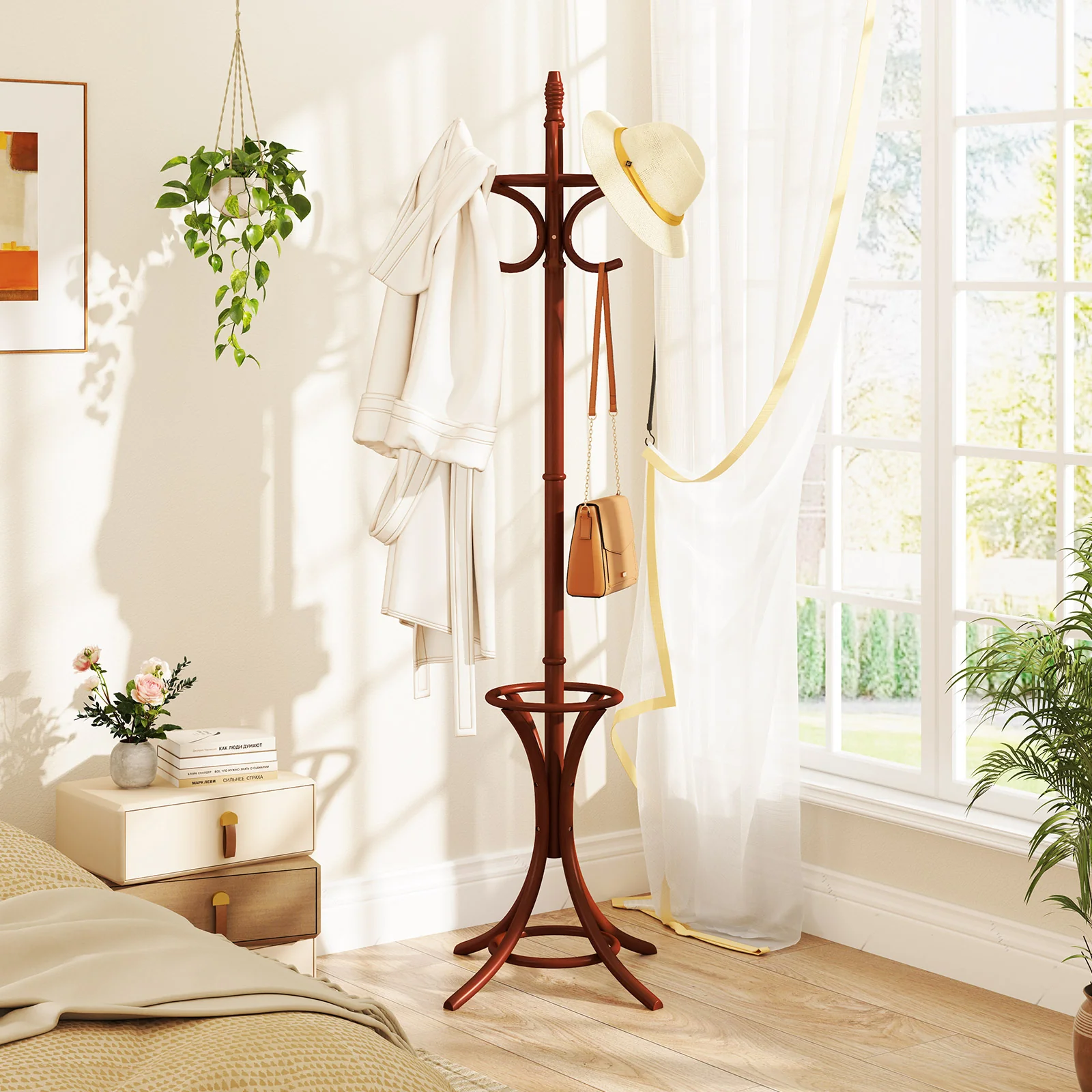 Wood Standing Hat Coat Rack With Umbrella Stand, Brown - Image 3
