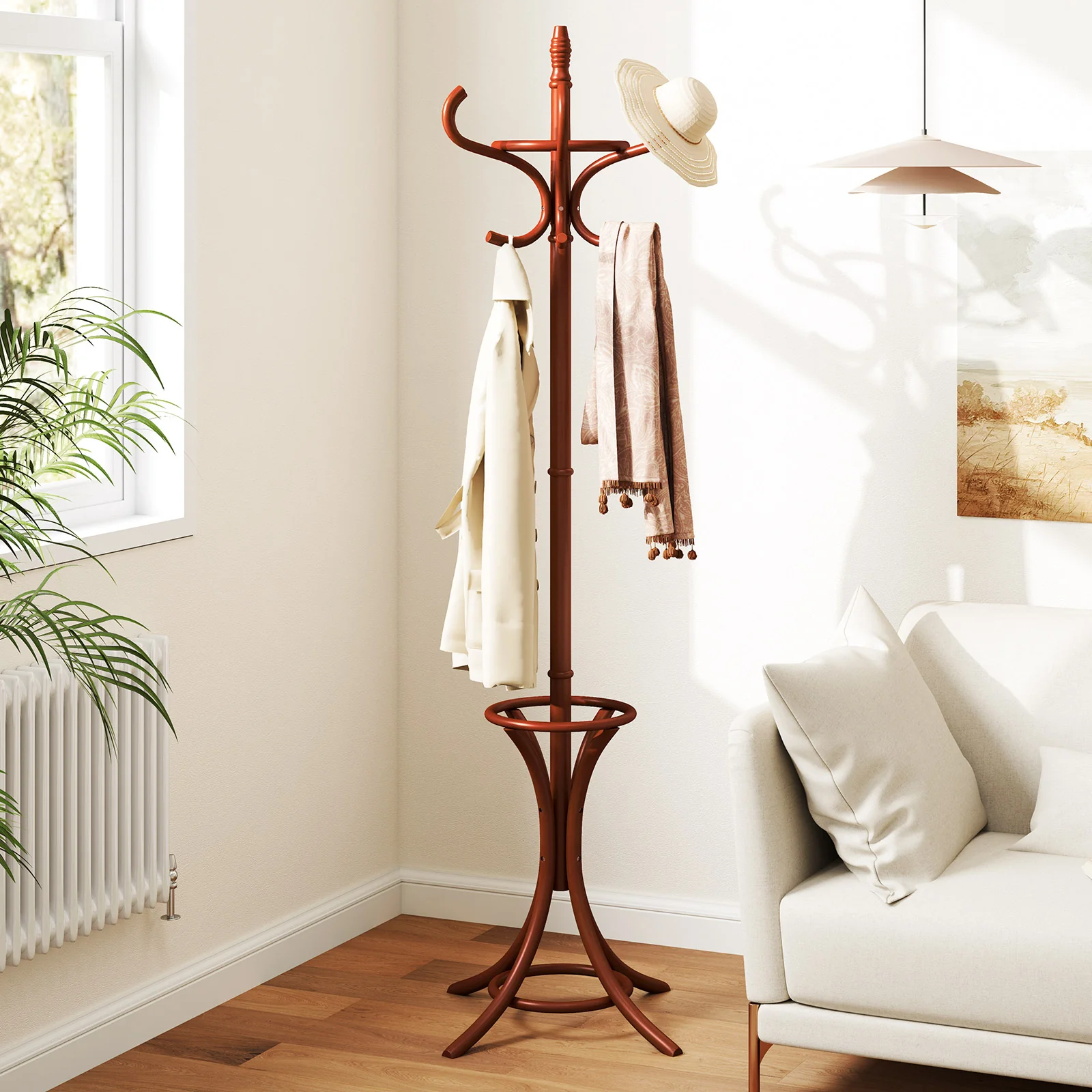 Wood Standing Hat Coat Rack With Umbrella Stand, Brown - Image 7
