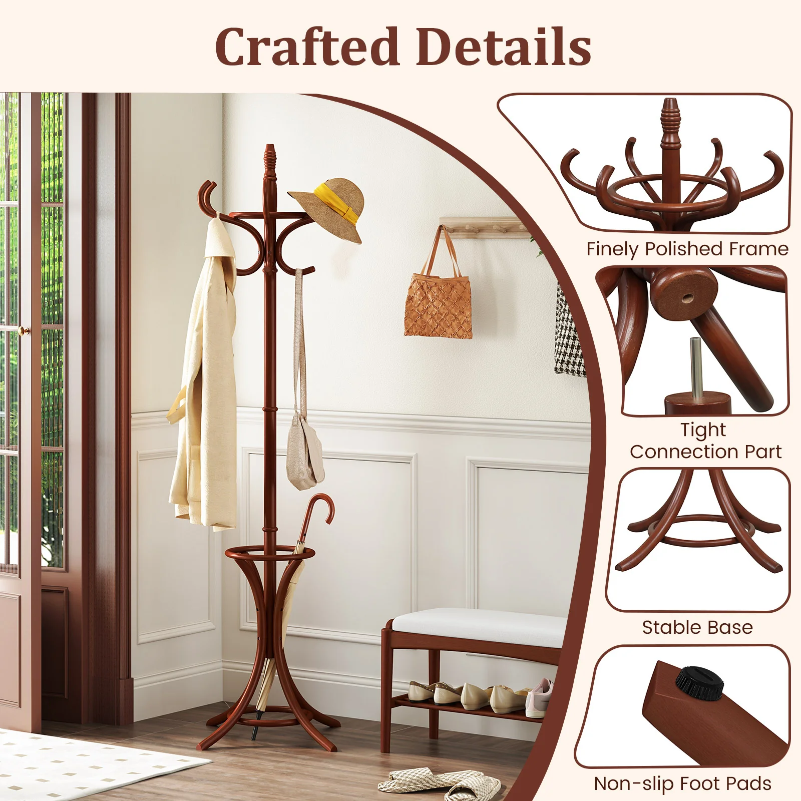 Wood Standing Hat Coat Rack With Umbrella Stand, Brown - Image 8