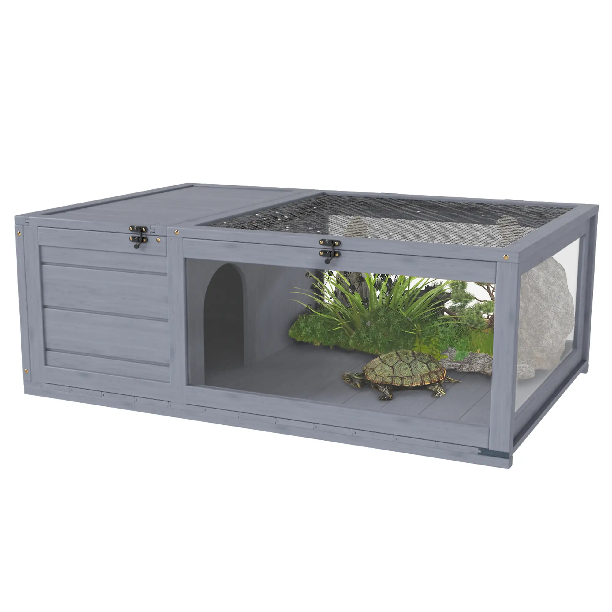 Wood Tortoise House, 35.8" x 23.8" x 12.6", Indoor Outdoor Use, Grey