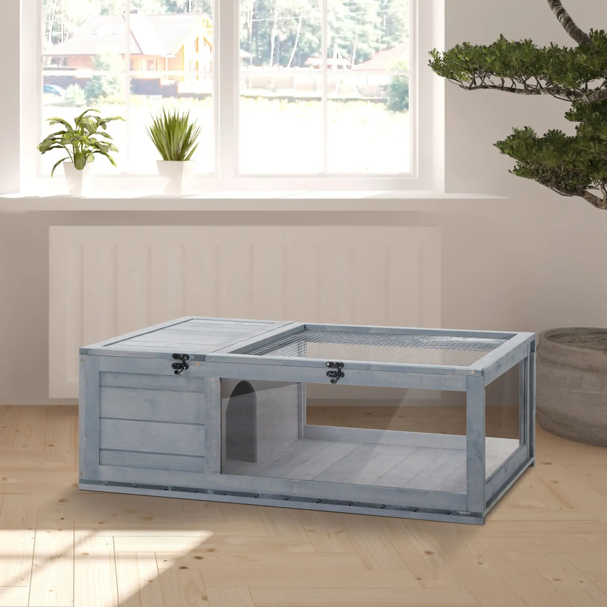 Wood Tortoise House, 35.8" x 23.8" x 12.6", Indoor Outdoor Use, Grey - Image 2