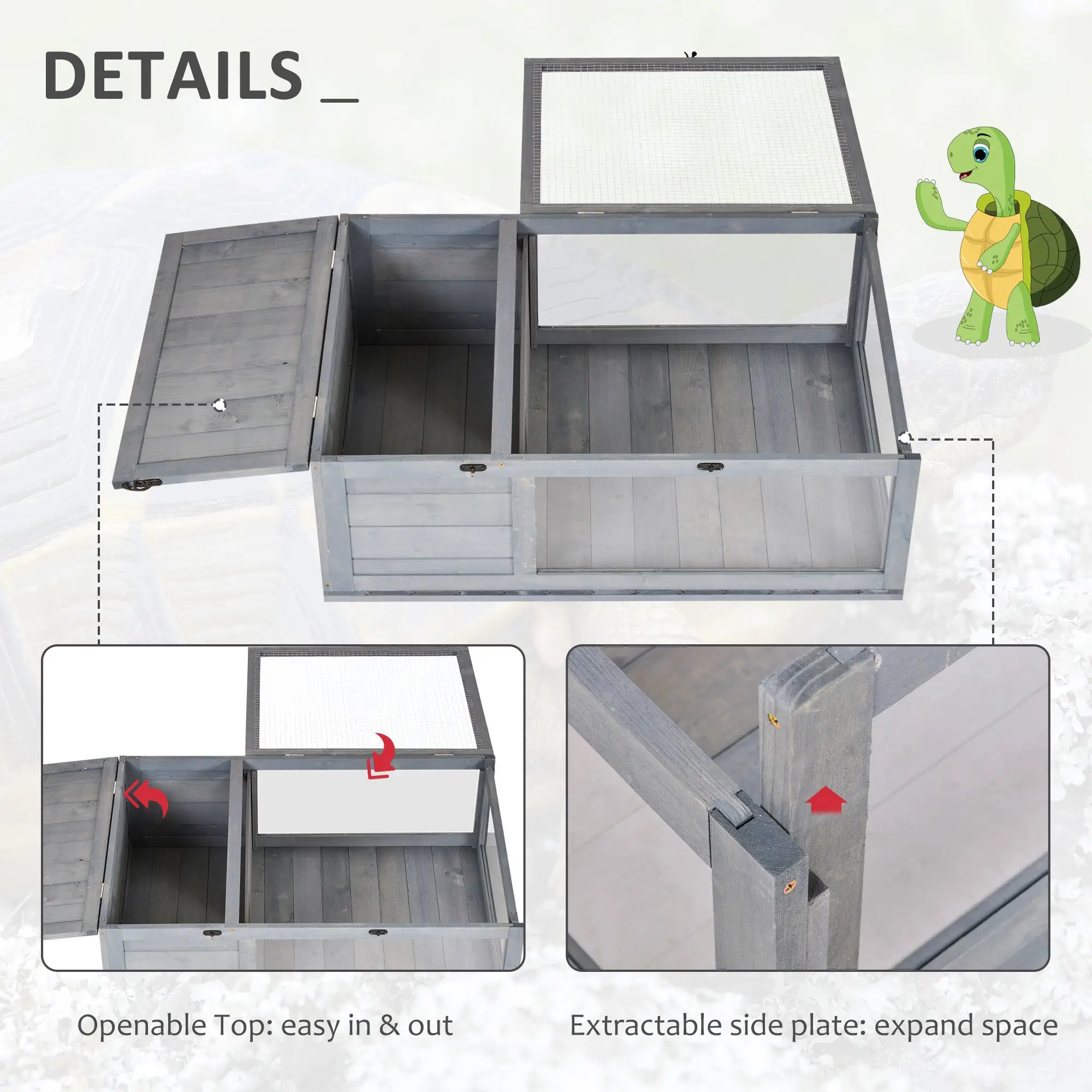 Wood Tortoise House, 35.8" x 23.8" x 12.6", Indoor Outdoor Use, Grey - Image 5