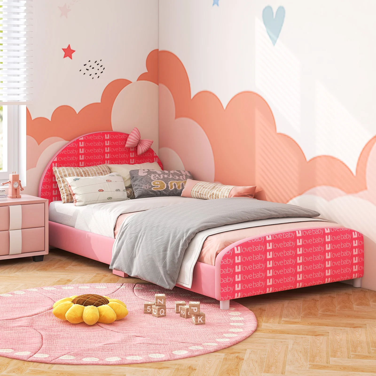 Wood Upholstered Twin Bed Platform, Slat Support, Pink - Image 2