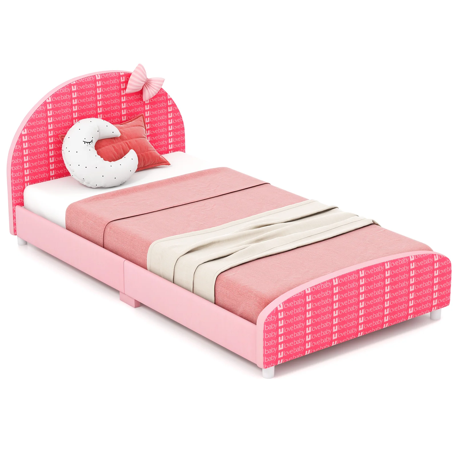 Wood Upholstered Twin Bed Platform, Slat Support, Pink - Image 4