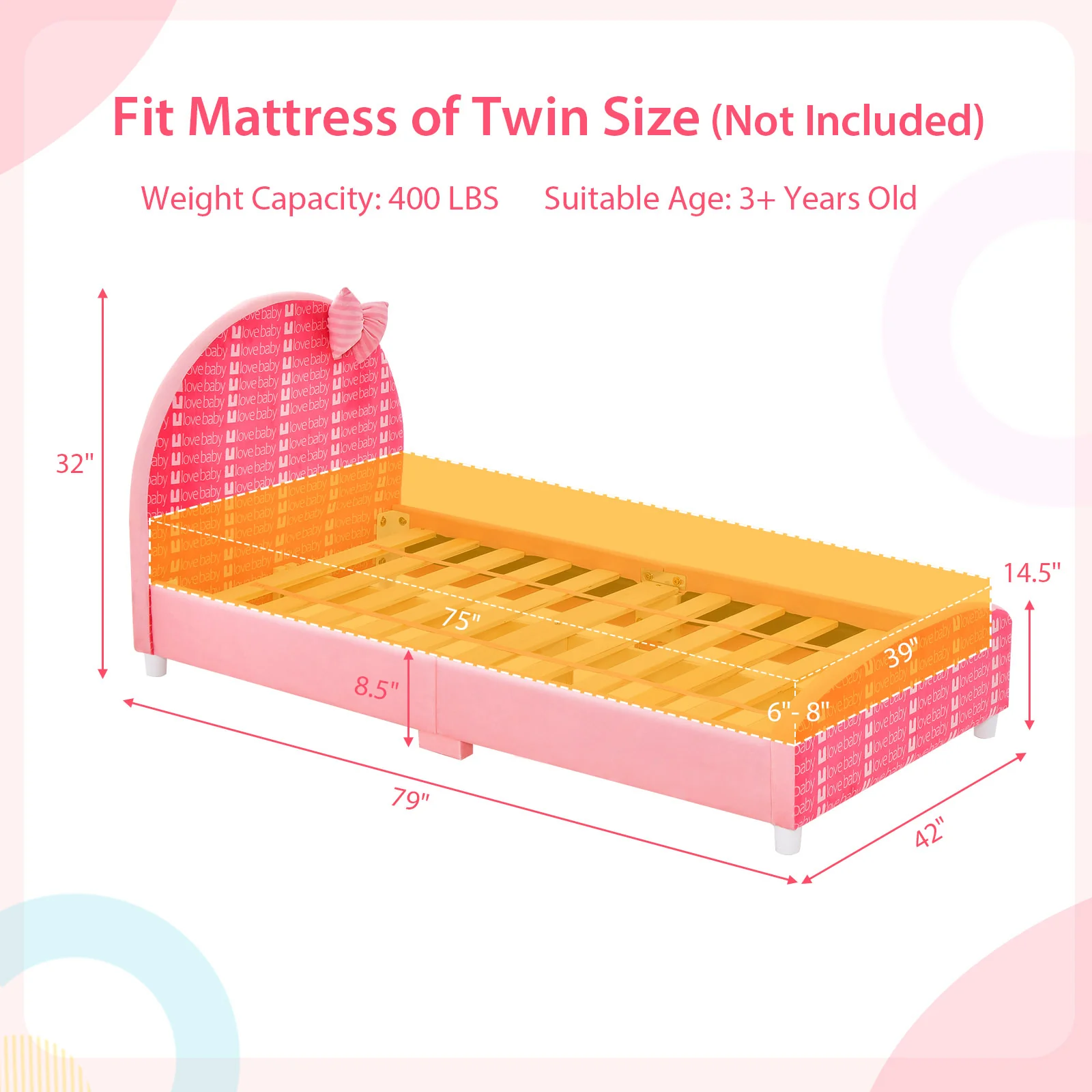 Wood Upholstered Twin Bed Platform, Slat Support, Pink - Image 6
