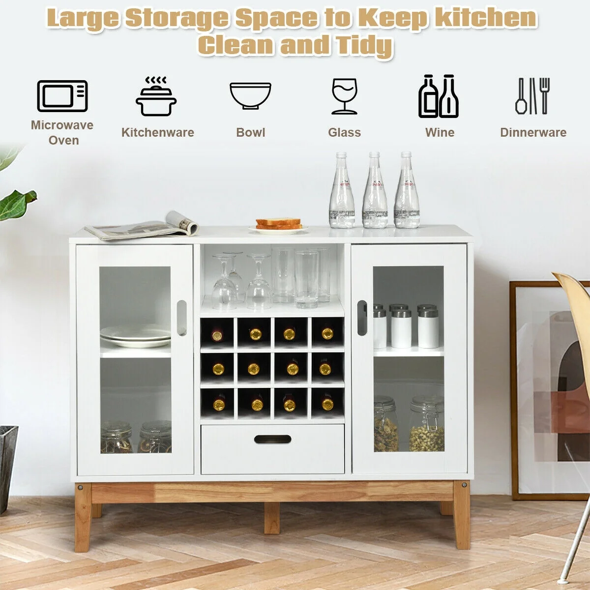 Wood Wine Storage Cabinet, Sideboard Console Buffet Server, White - Image 3