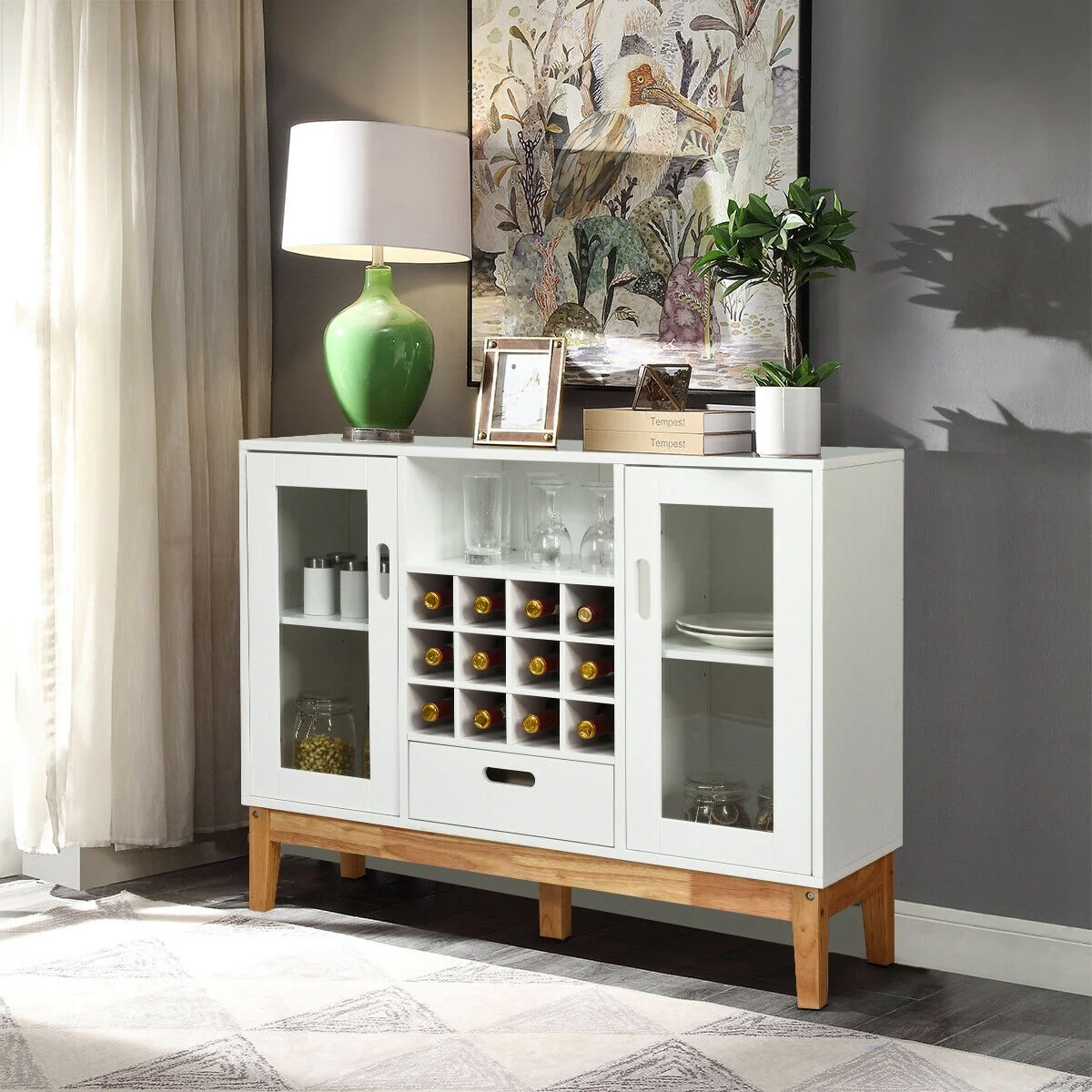 Wood Wine Storage Cabinet, Sideboard Console Buffet Server, White - Image 7