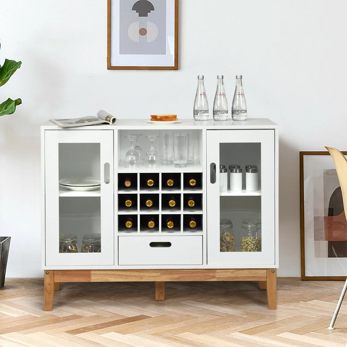 Wood Wine Storage Cabinet, Sideboard Console Buffet Server, White - Image 8