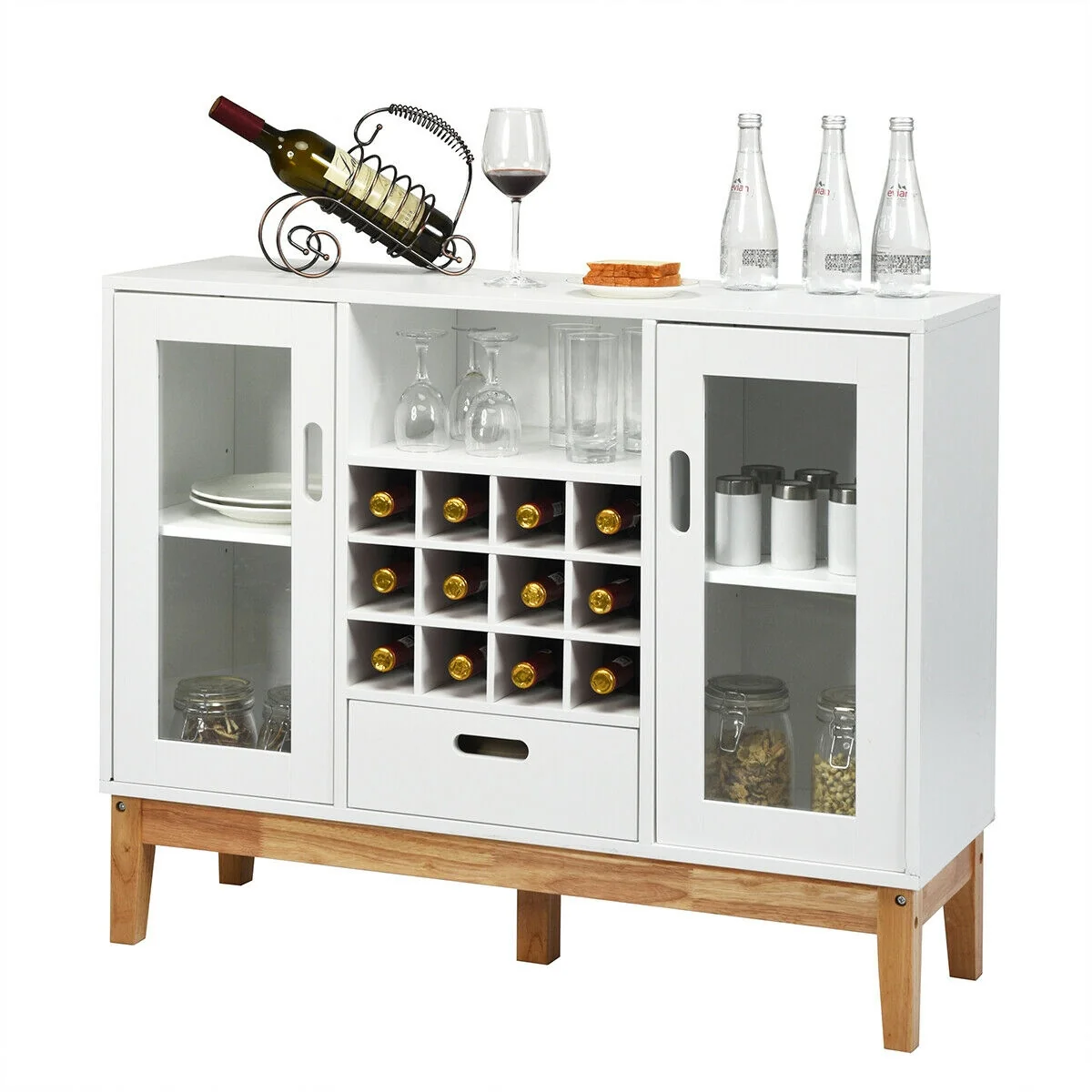 Wood Wine Storage Cabinet, Sideboard Console Buffet Server, White - Image 9