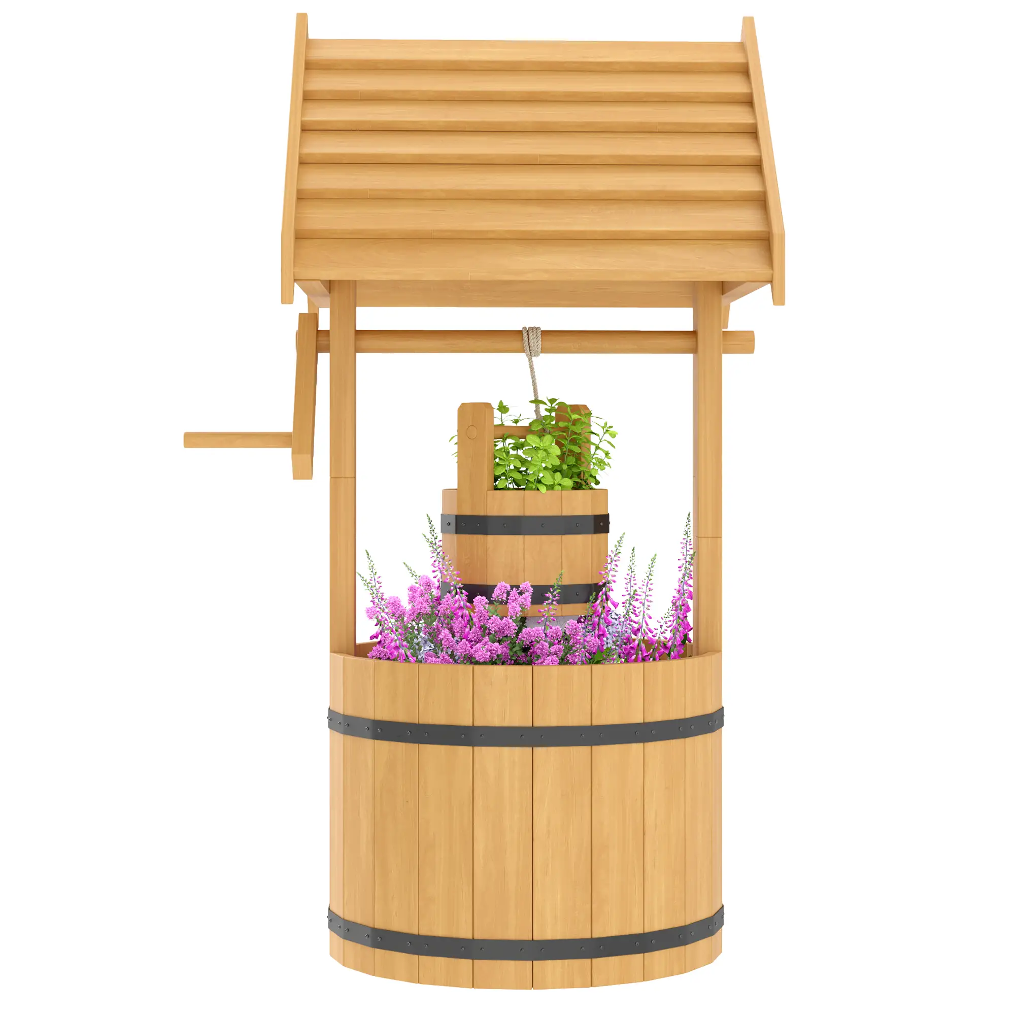 Wood Wishing Well Planter, Hanging Bucket, Drainage Hole, Orange