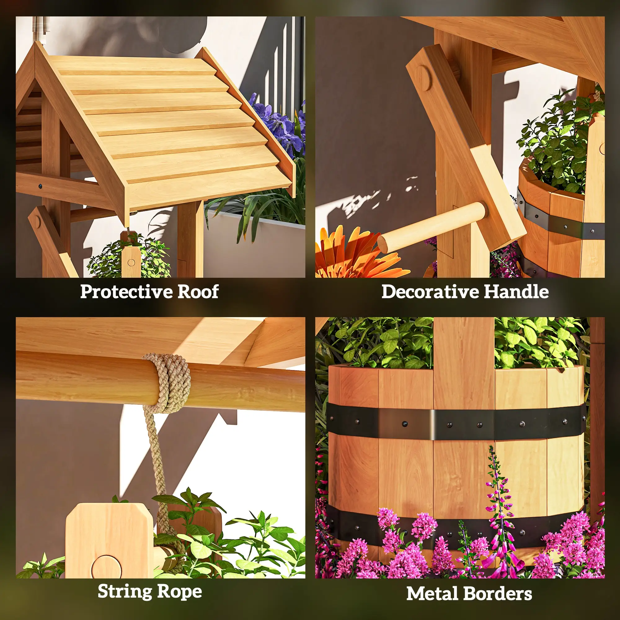 Wood Wishing Well Planter, Hanging Bucket, Drainage Hole, Orange - Image 7