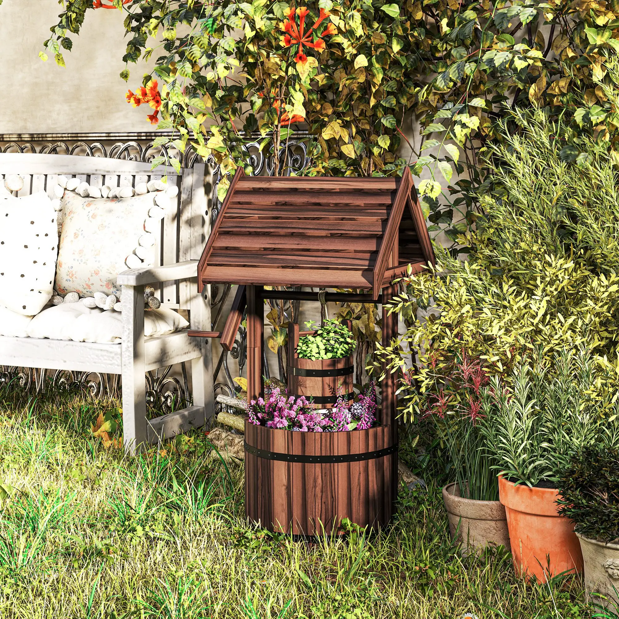Wood Wishing Well Planter, With Hanging Bucket And Drainage, Tan - Image 2