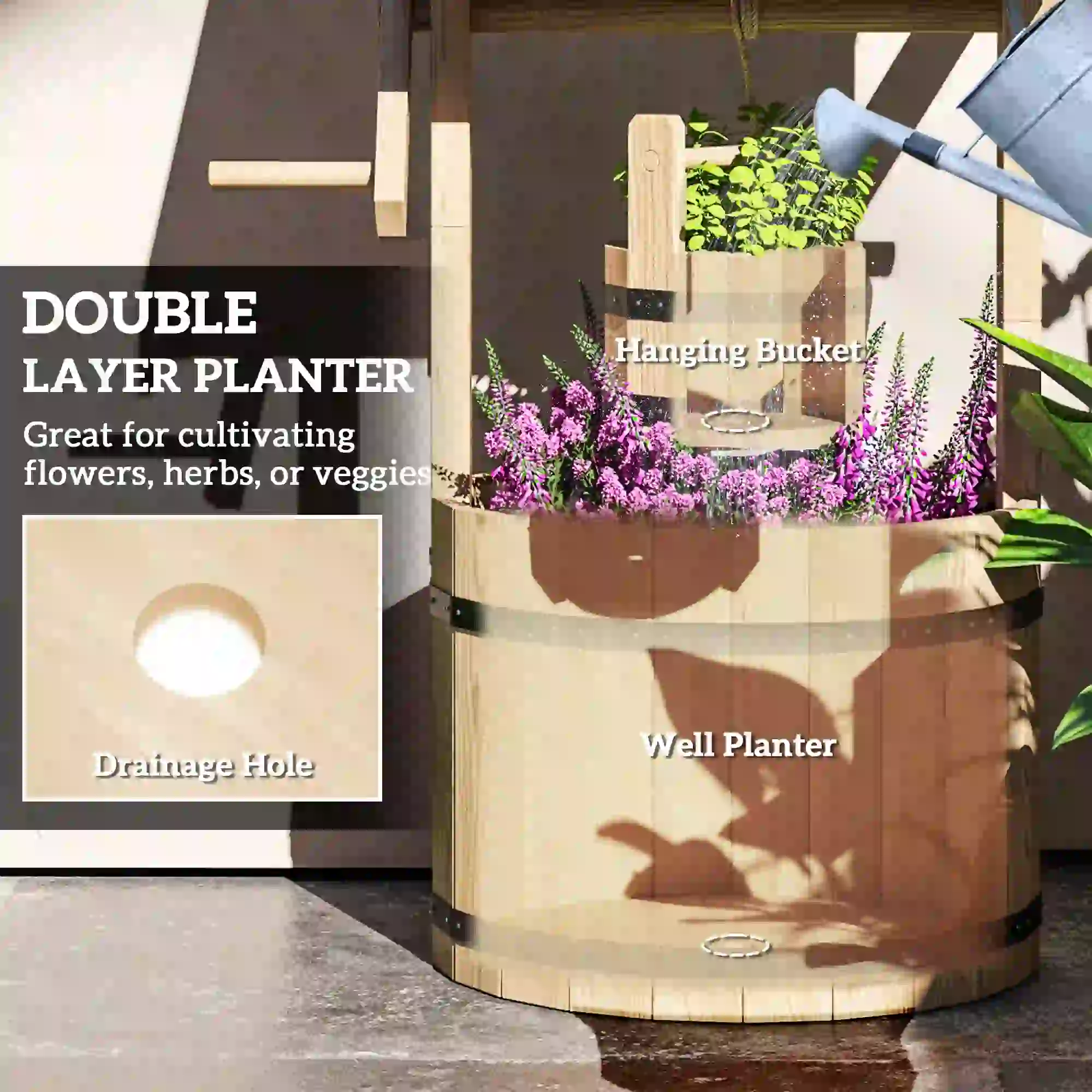 Wood Wishing Well Planter With Hanging Bucket, Natural - Image 4