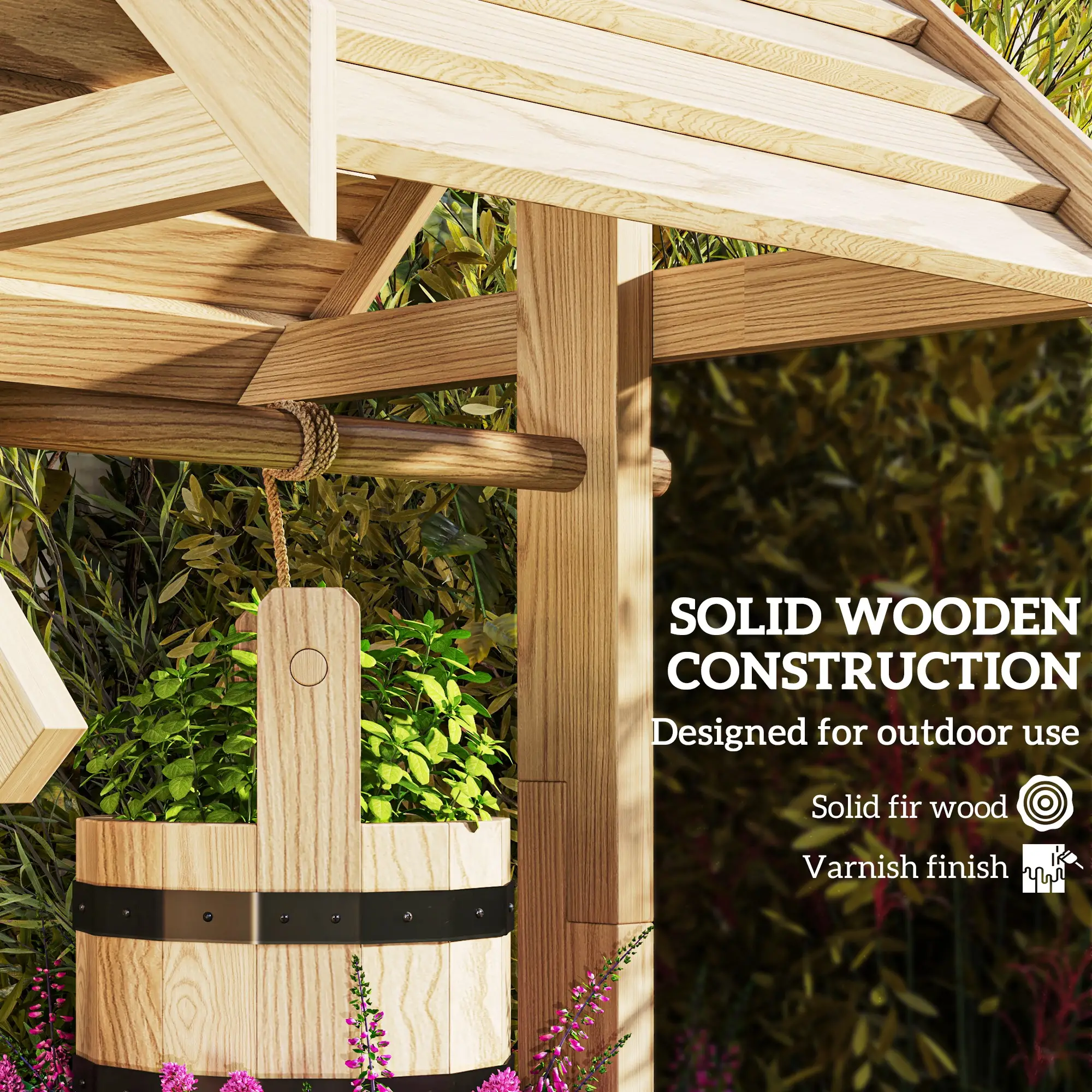Wood Wishing Well Planter With Hanging Bucket, Natural - Image 5