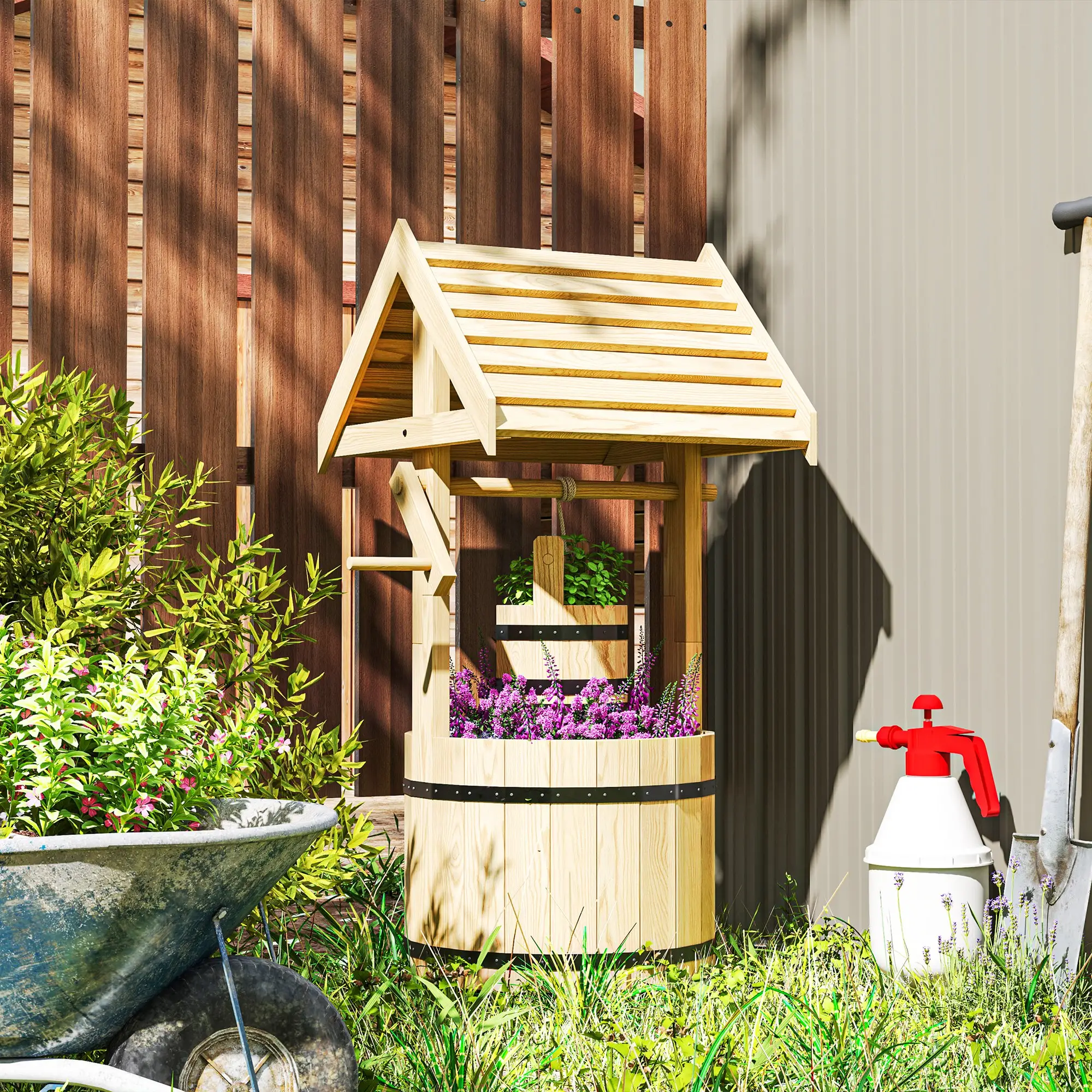 Wood Wishing Well Planter With Hanging Bucket, Natural - Image 7