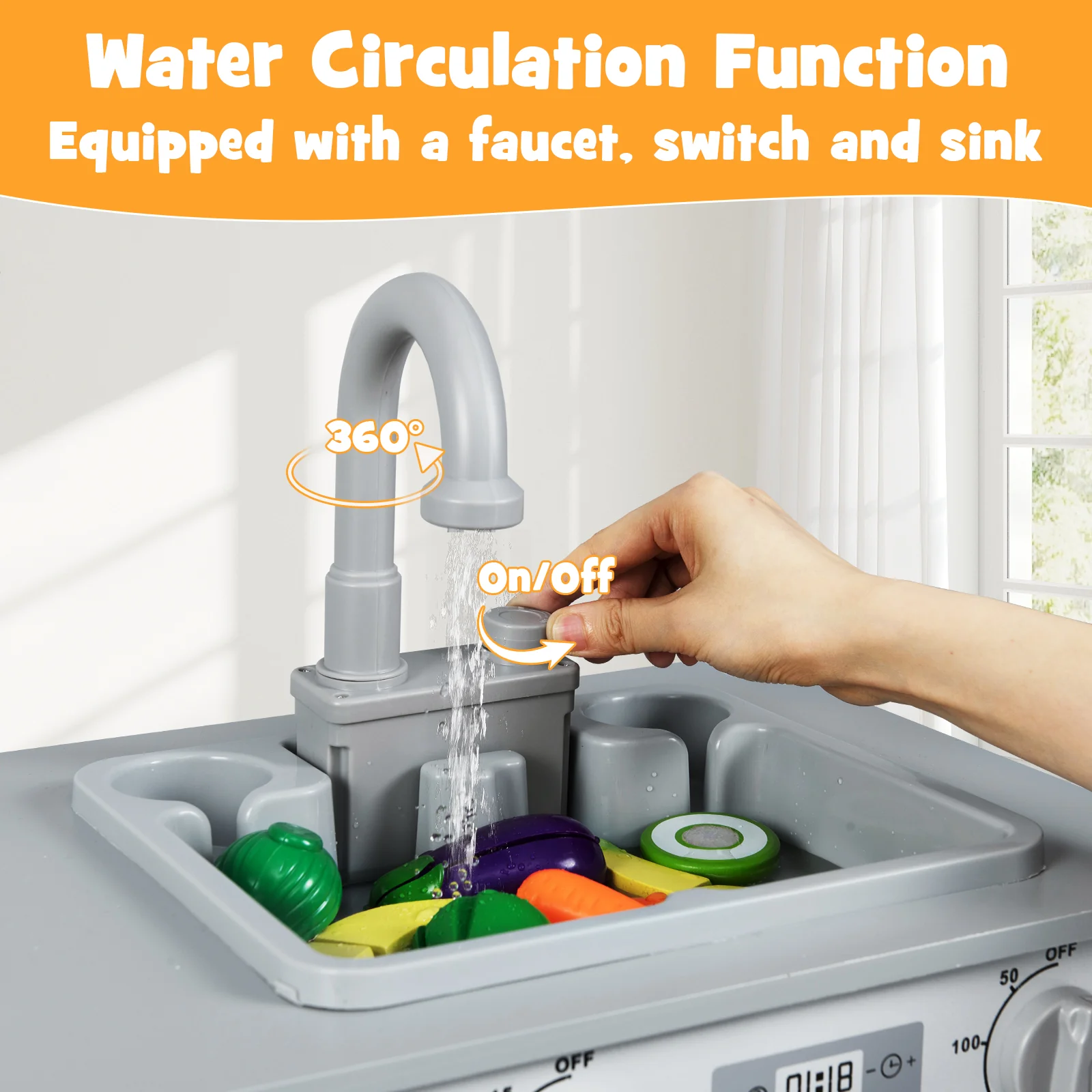 Wooden 2 Piece Kids Kitchen Playset with Fridge and Running Water, Gray - Image 10
