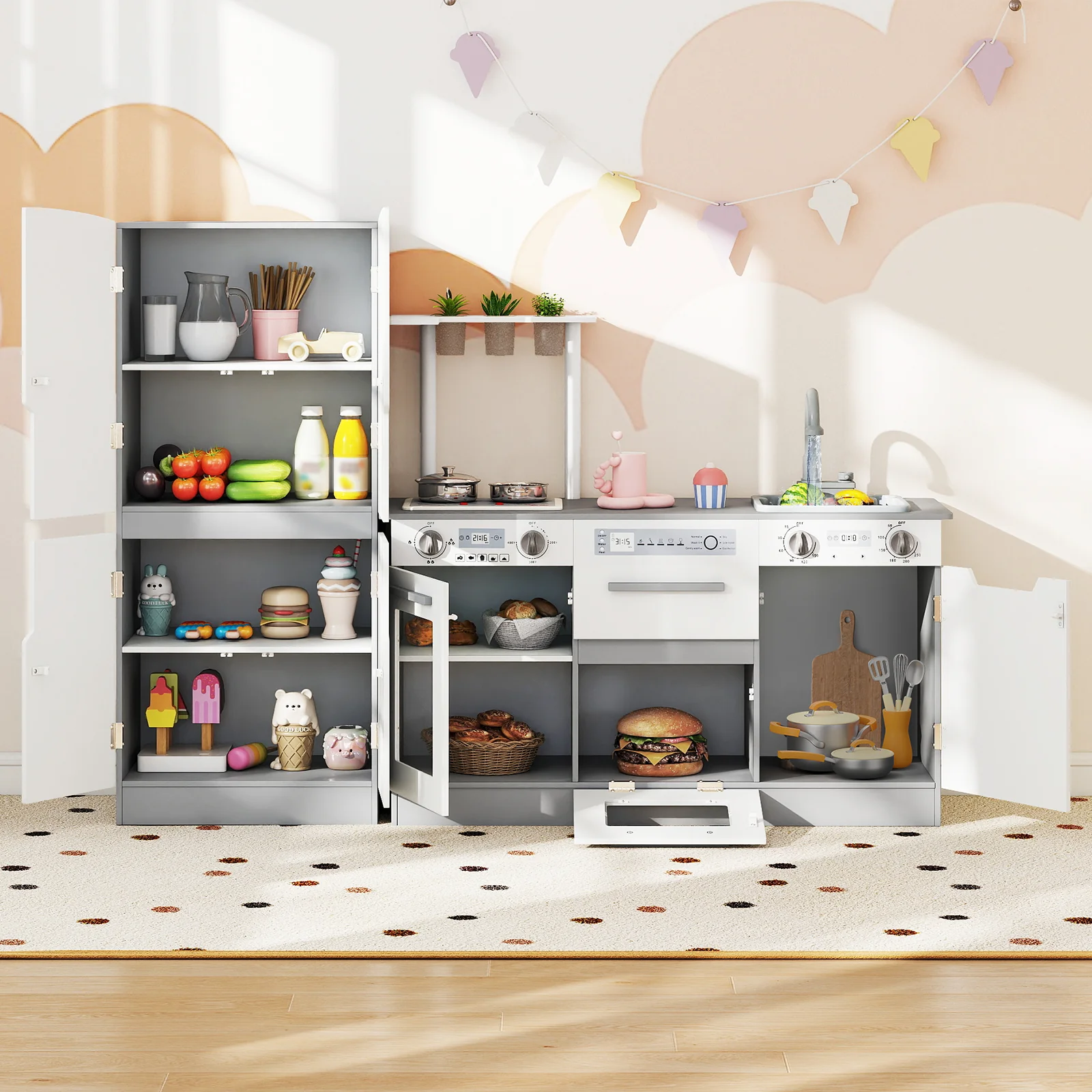 Wooden 2 Piece Kids Kitchen Playset with Fridge and Running Water, Gray - Image 2
