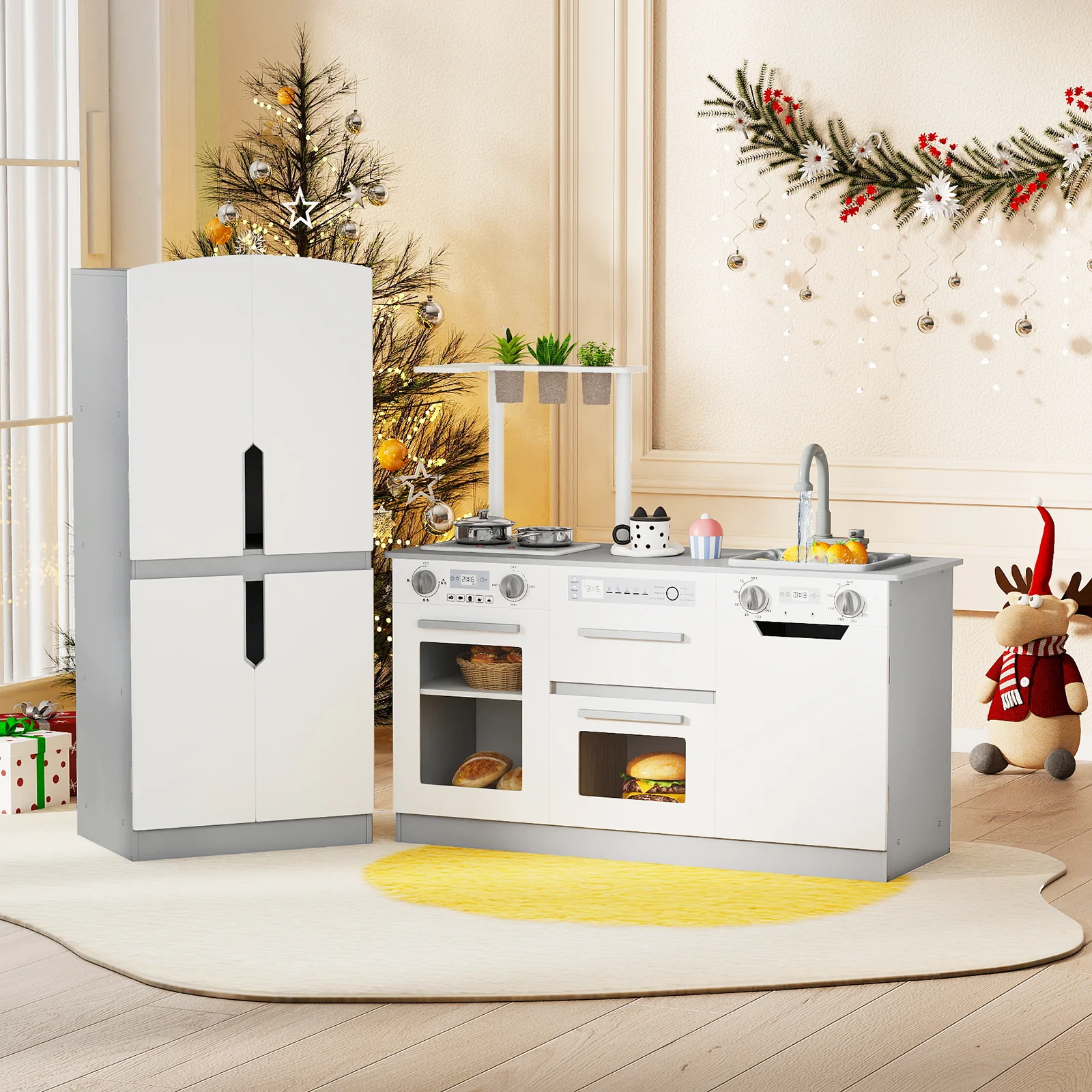 Wooden 2 Piece Kids Kitchen Playset with Fridge and Running Water, Gray - Image 3