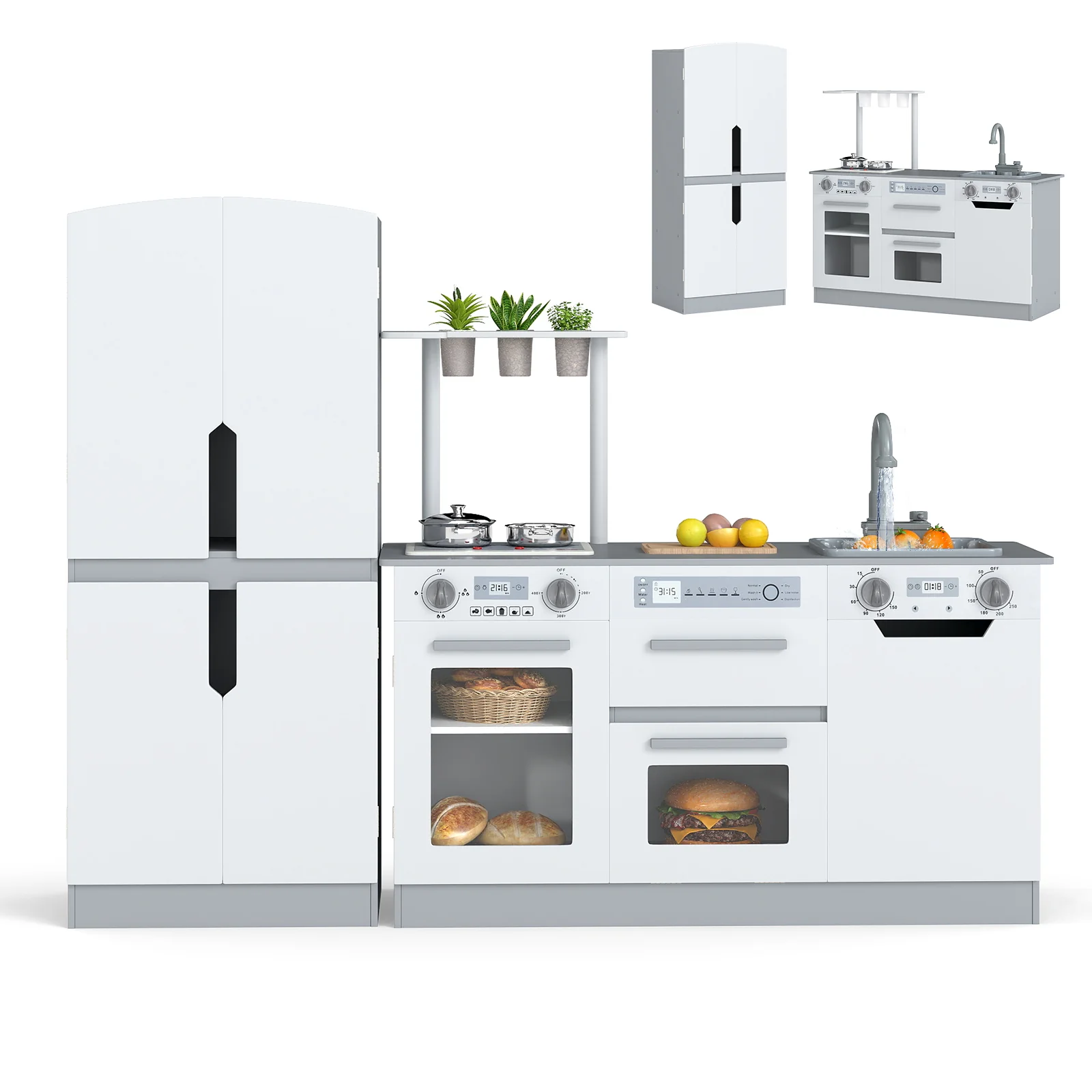 Wooden 2 Piece Kids Kitchen Playset with Fridge and Running Water, Gray - Image 4