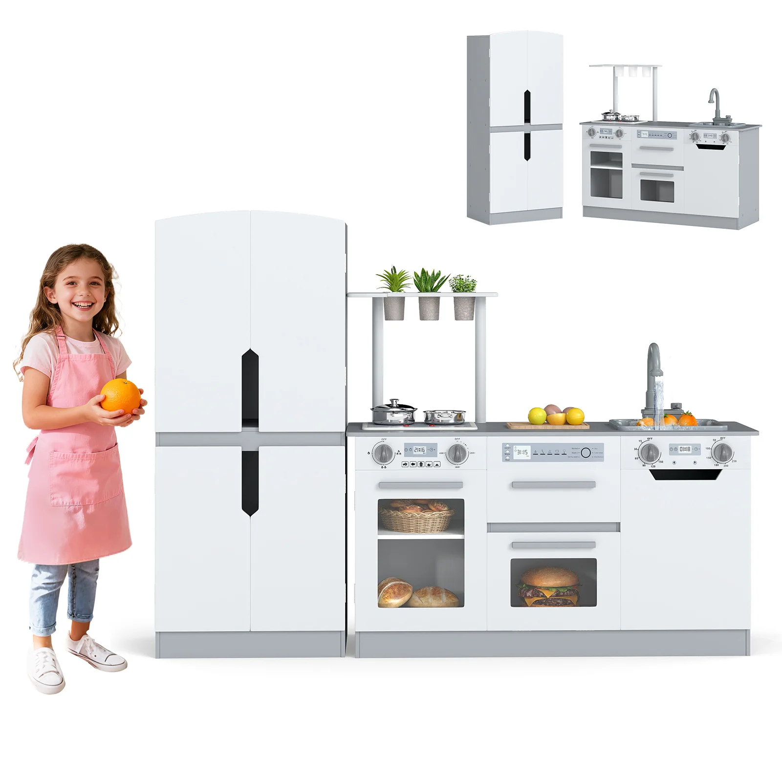 Wooden 2 Piece Kids Kitchen Playset with Fridge and Running Water, Gray - Image 5