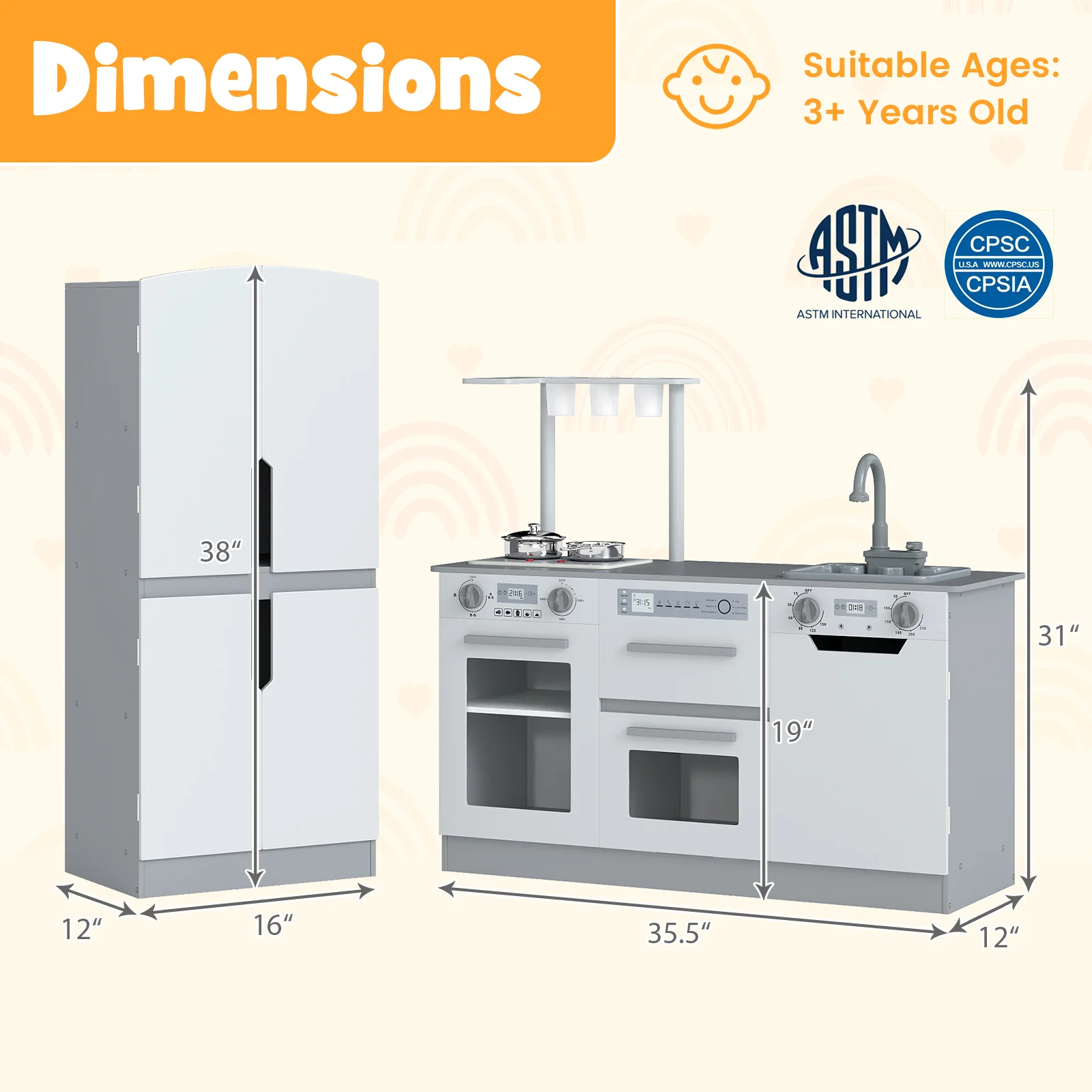 Wooden 2 Piece Kids Kitchen Playset with Fridge and Running Water, Gray - Image 6