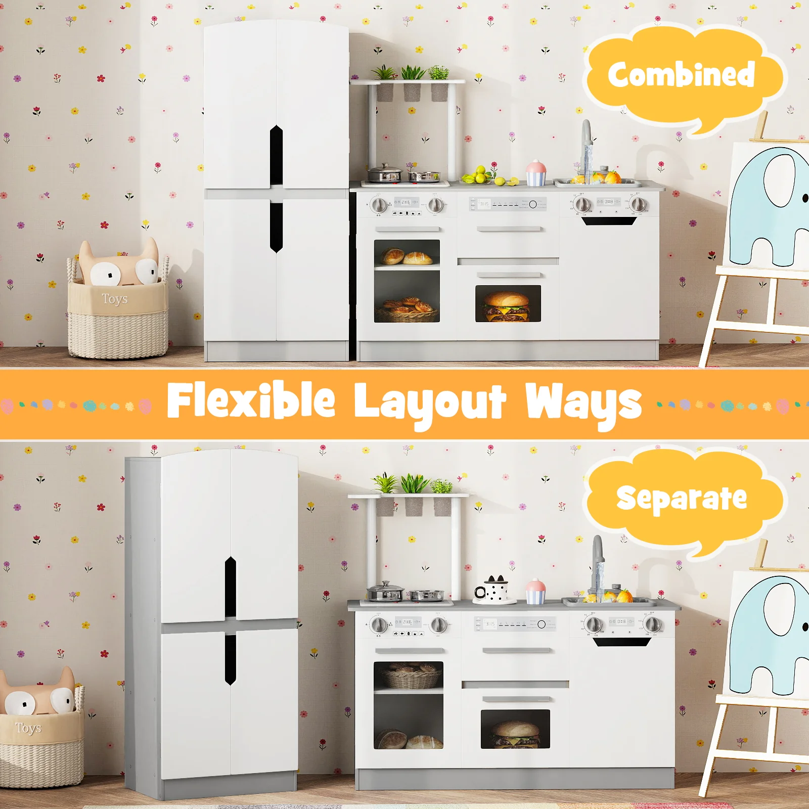 Wooden 2 Piece Kids Kitchen Playset with Fridge and Running Water, Gray - Image 7
