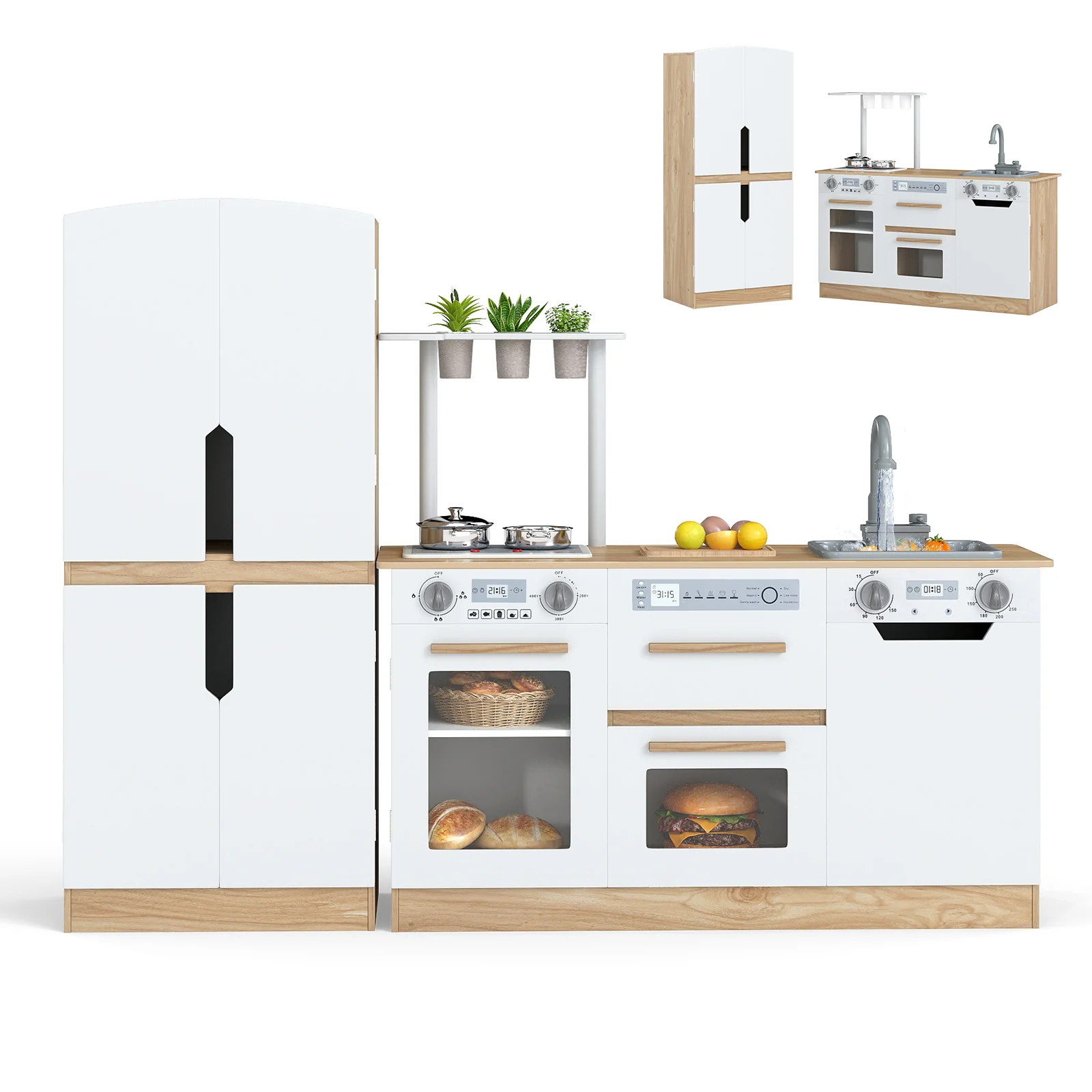 Wooden 2 Piece Kids Kitchen Playset with Fridge and Running Water, Natural