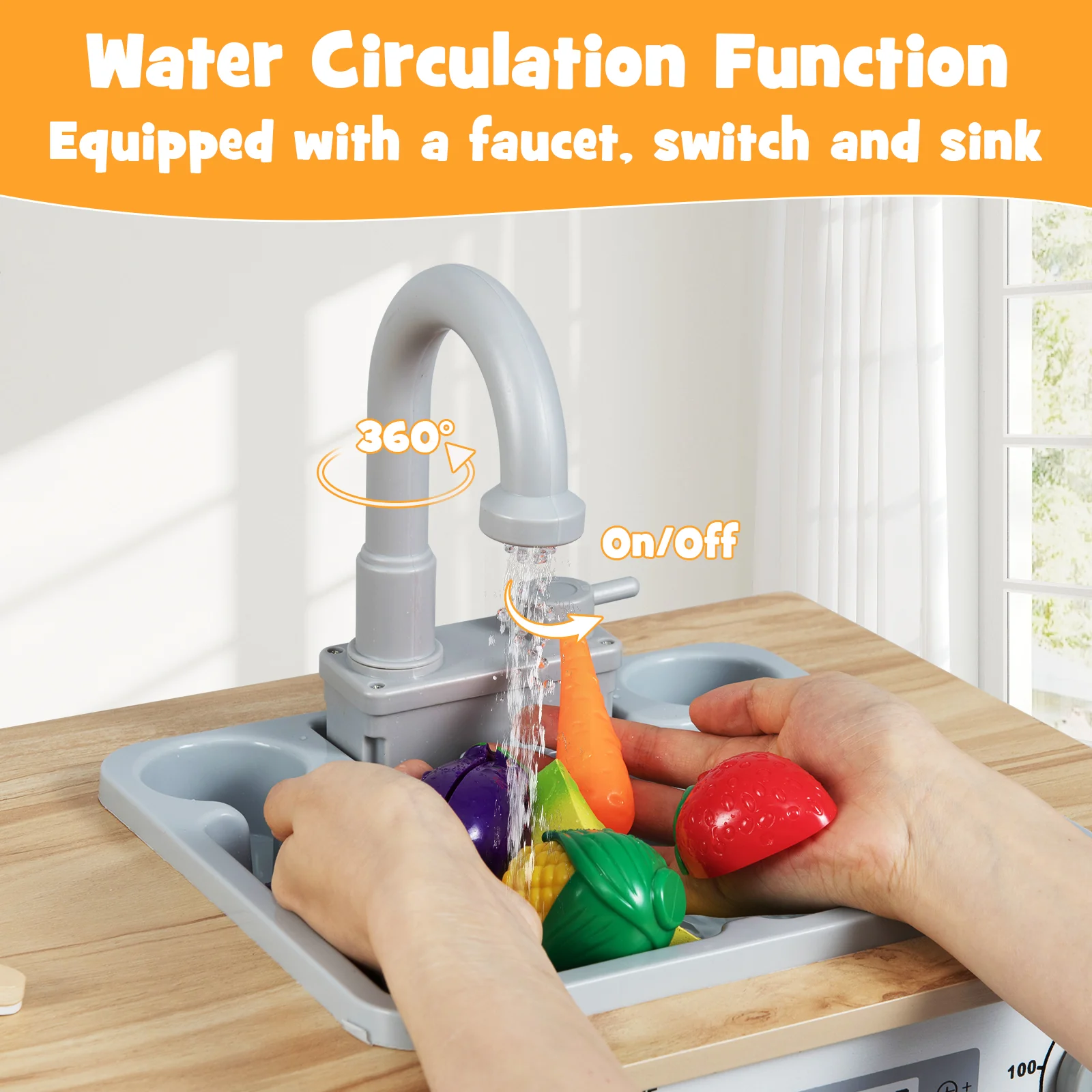 Wooden 2 Piece Kids Kitchen Playset with Fridge and Running Water, Natural - Image 10