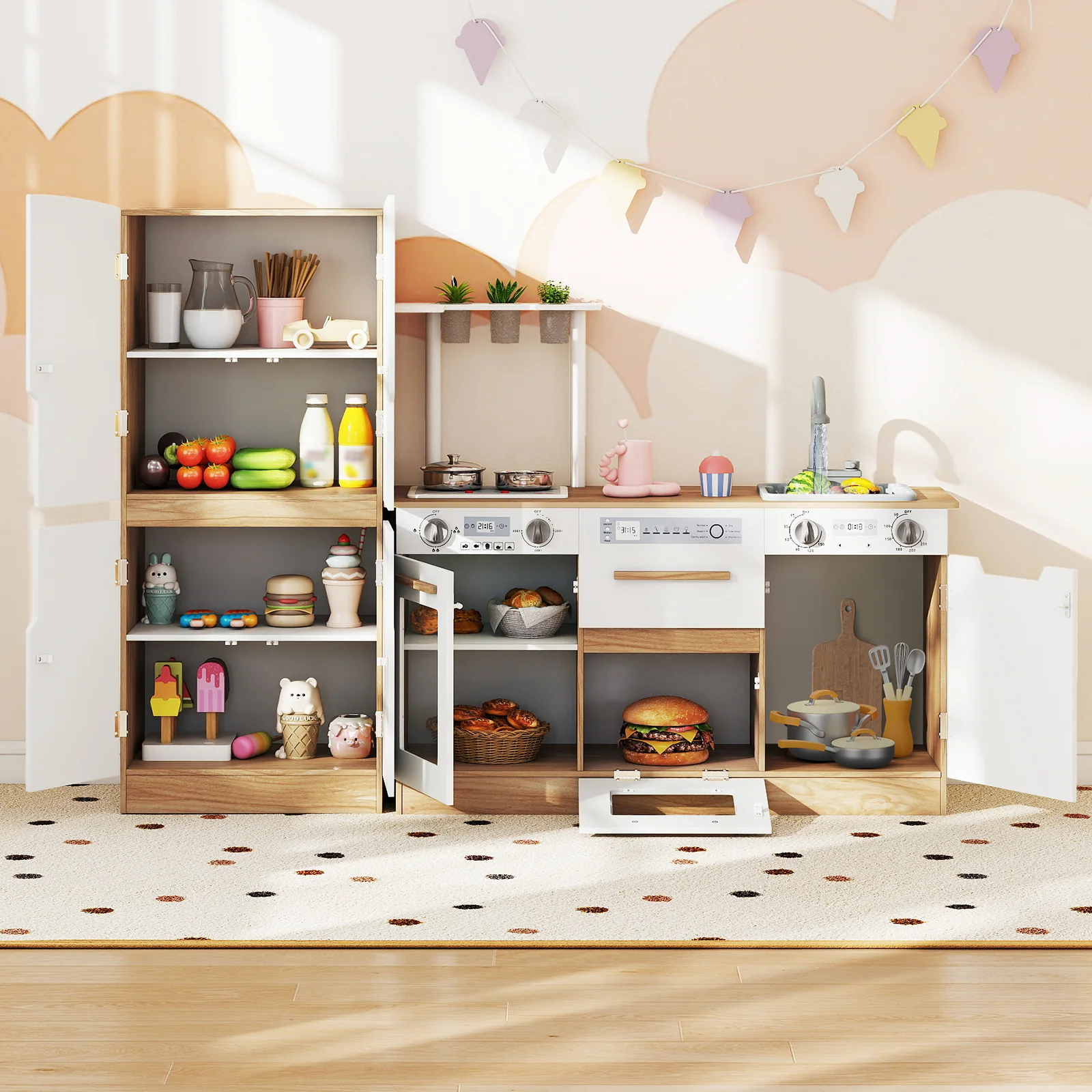 Wooden 2 Piece Kids Kitchen Playset with Fridge and Running Water, Natural - Image 2