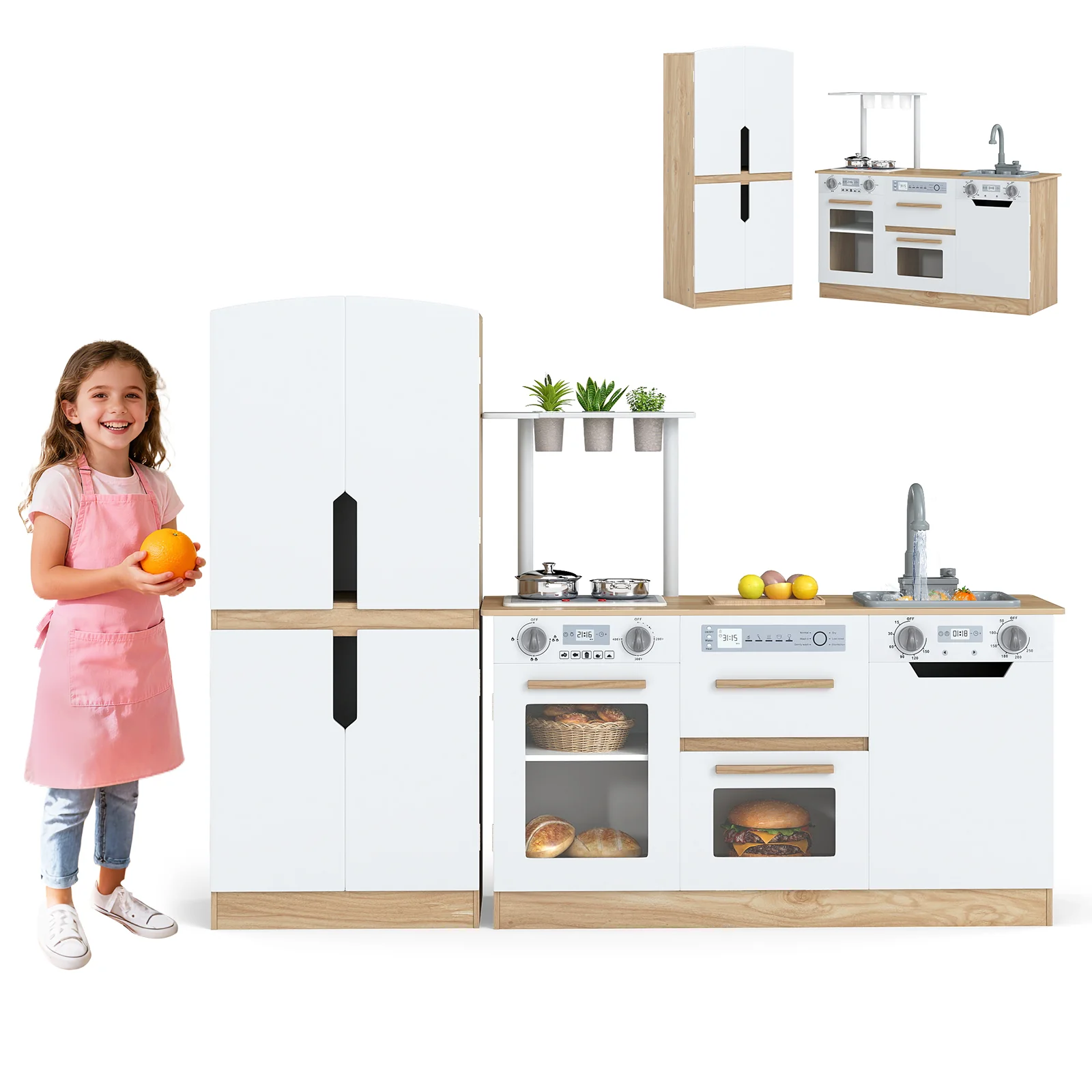Wooden 2 Piece Kids Kitchen Playset with Fridge and Running Water, Natural - Image 5