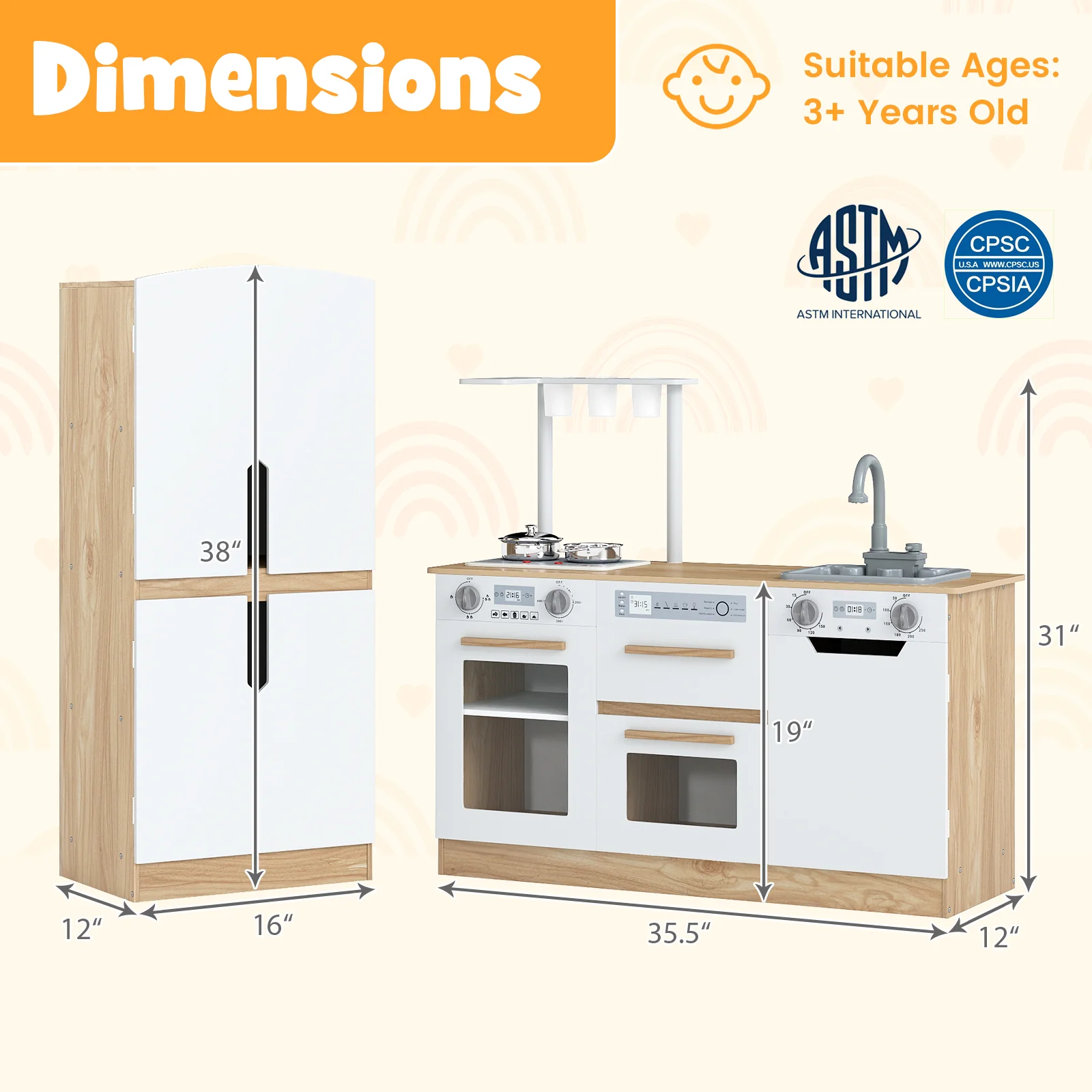 Wooden 2 Piece Kids Kitchen Playset with Fridge and Running Water, Natural - Image 6