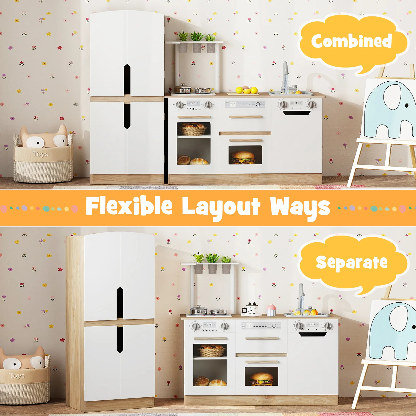 Wooden 2 Piece Kids Kitchen Playset with Fridge and Running Water, Natural - Image 7