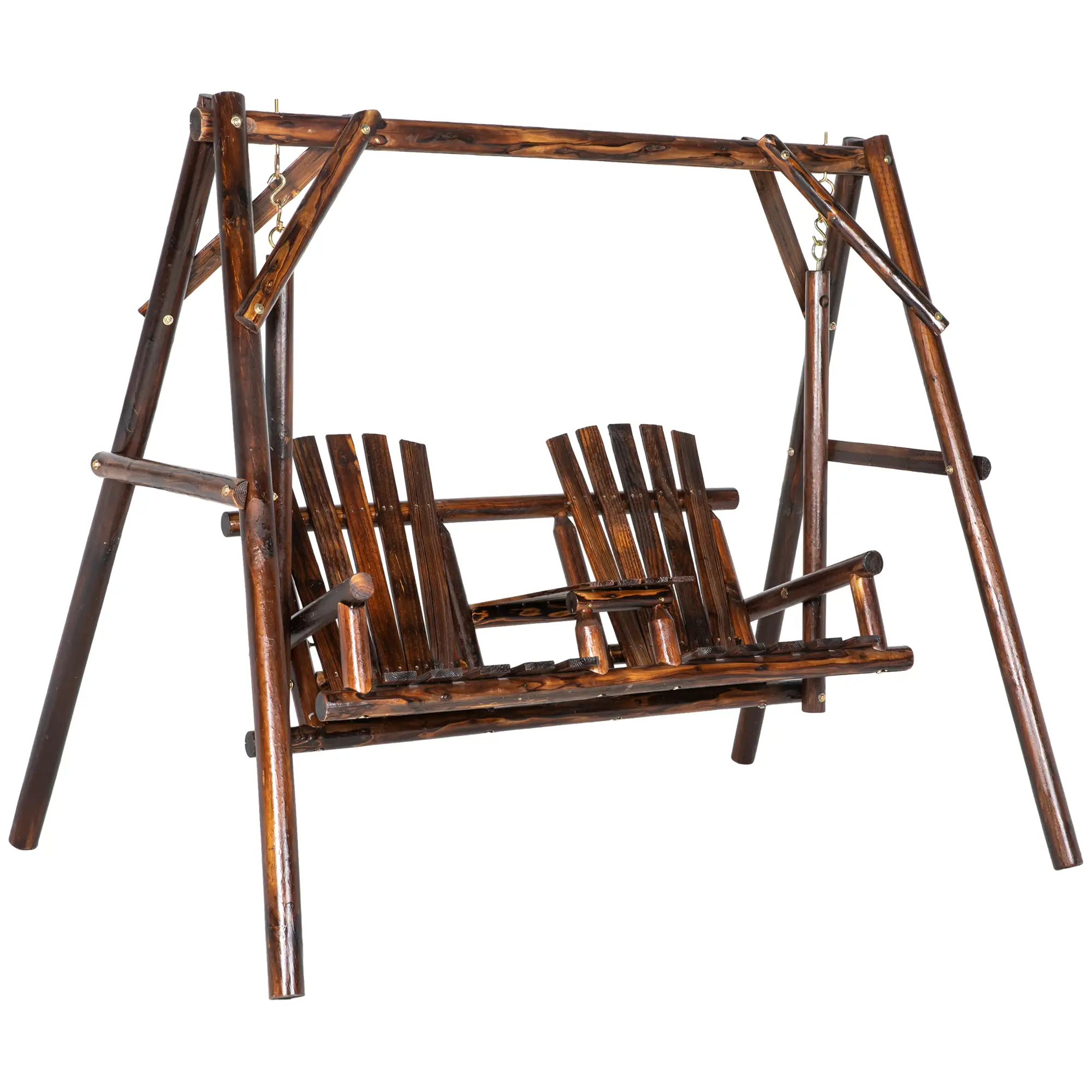 Wooden 2-Seat A-Frame Porch Swing, Rustic Patio Bench, Outdoor Furniture
