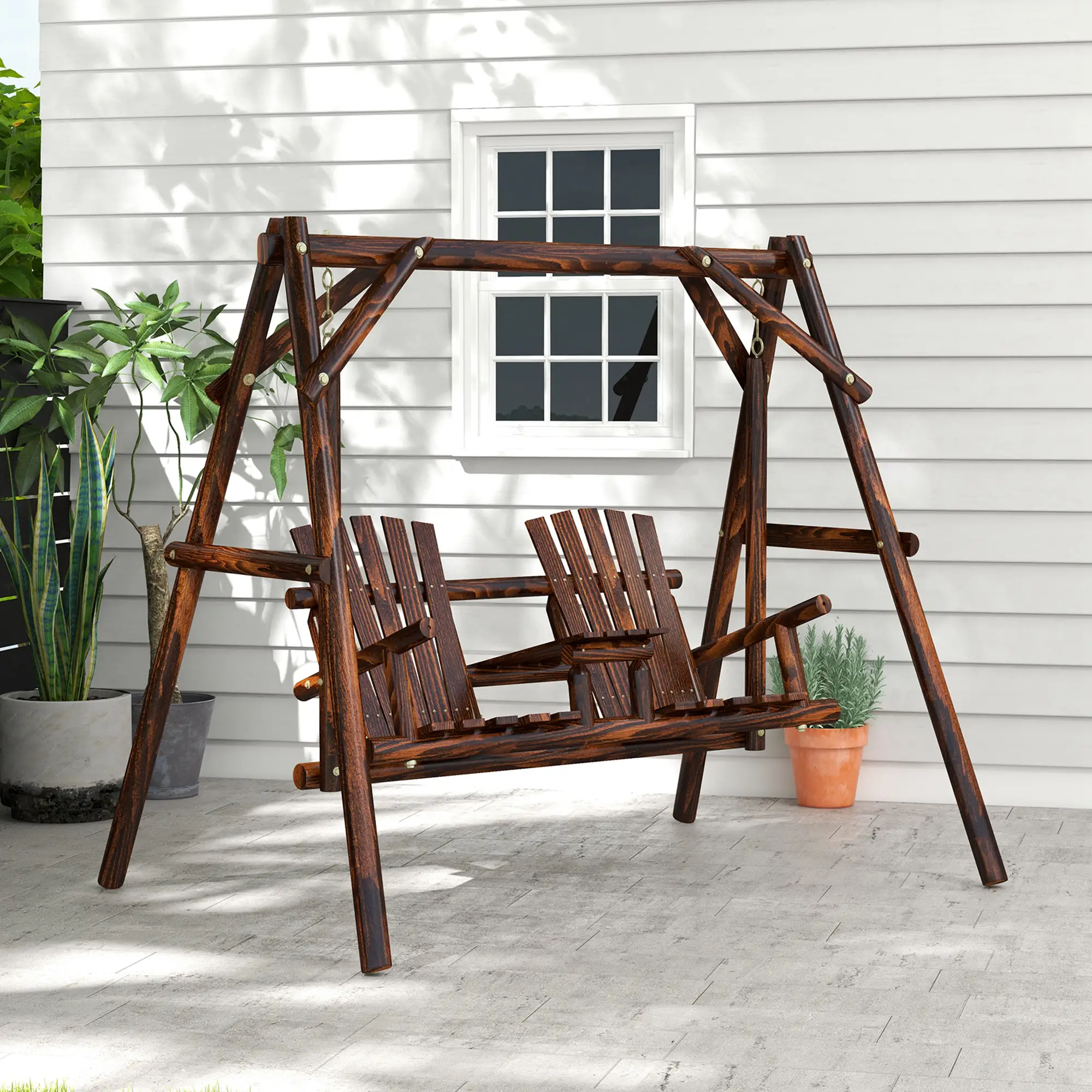Wooden 2-Seat A-Frame Porch Swing, Rustic Patio Bench, Outdoor Furniture - Image 2