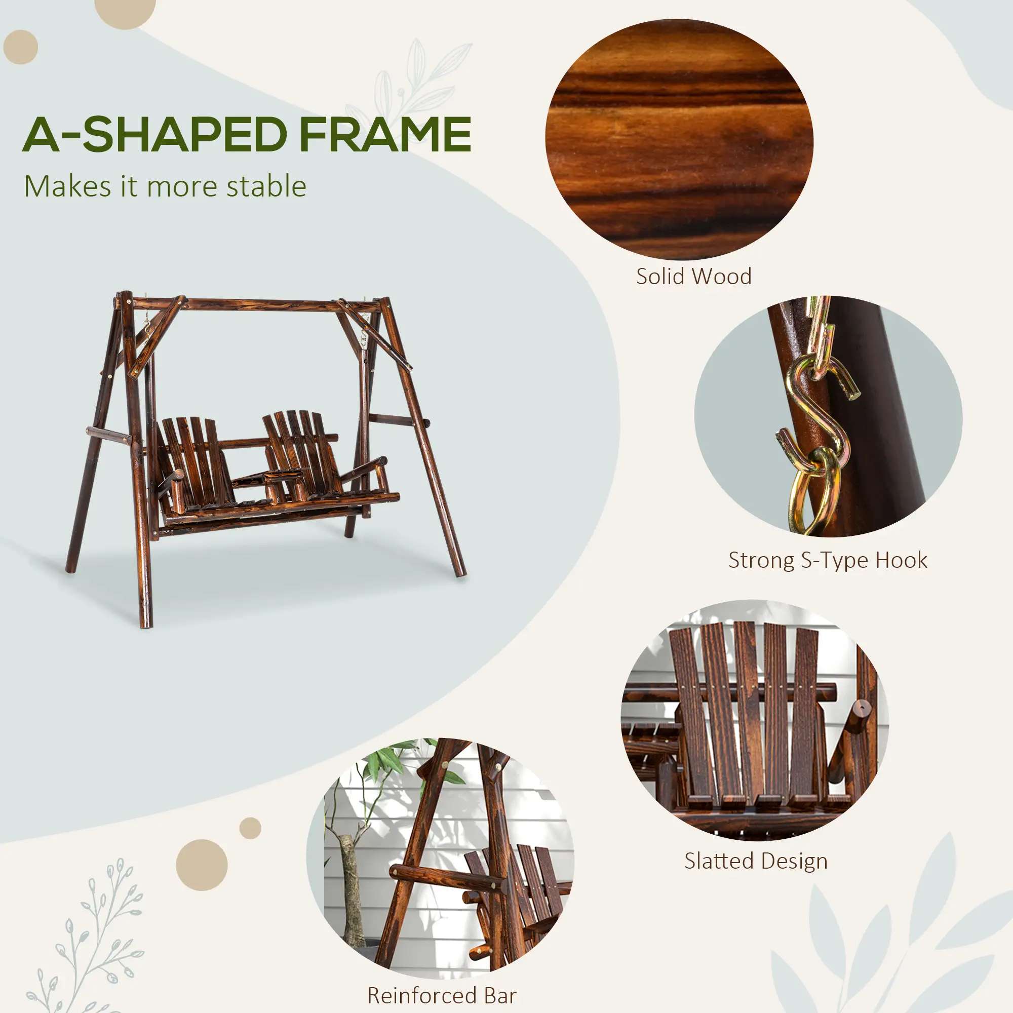 Wooden 2-Seat A-Frame Porch Swing, Rustic Patio Bench, Outdoor Furniture - Image 4
