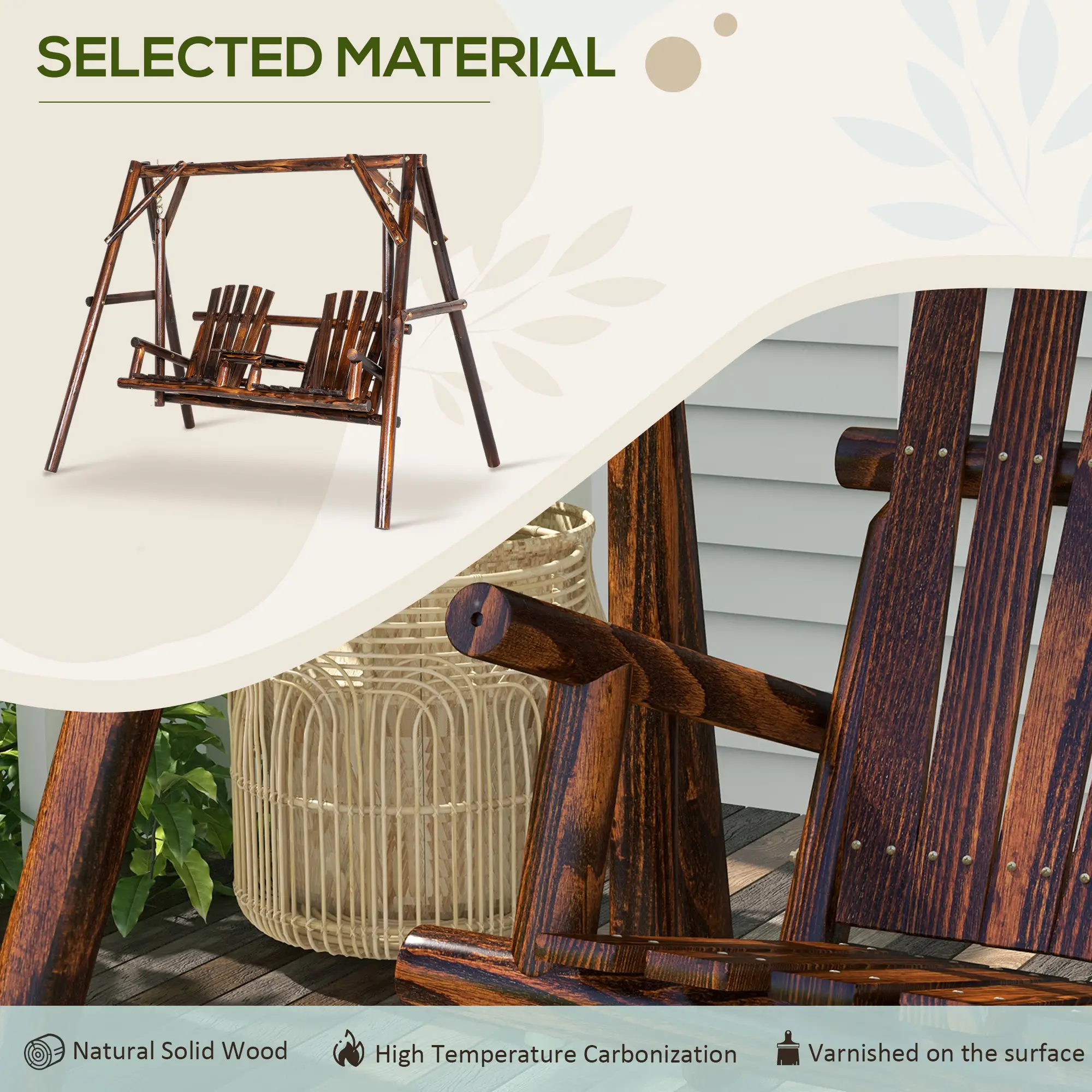Wooden 2-Seat A-Frame Porch Swing, Rustic Patio Bench, Outdoor Furniture - Image 6