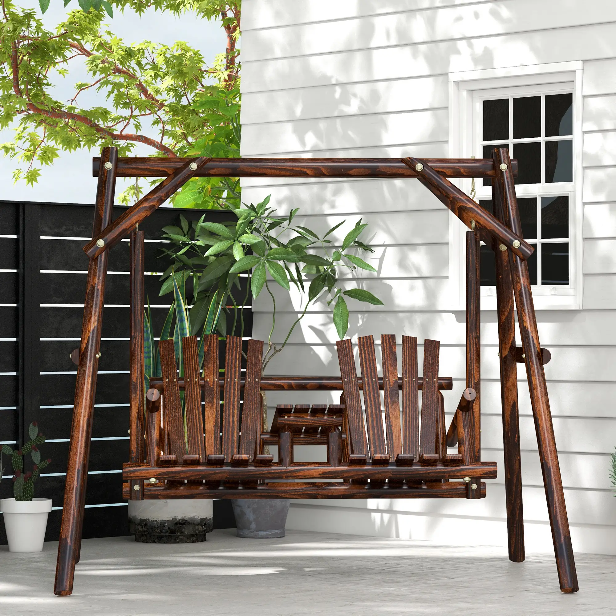 Wooden 2-Seat A-Frame Porch Swing, Rustic Patio Bench, Outdoor Furniture - Image 7