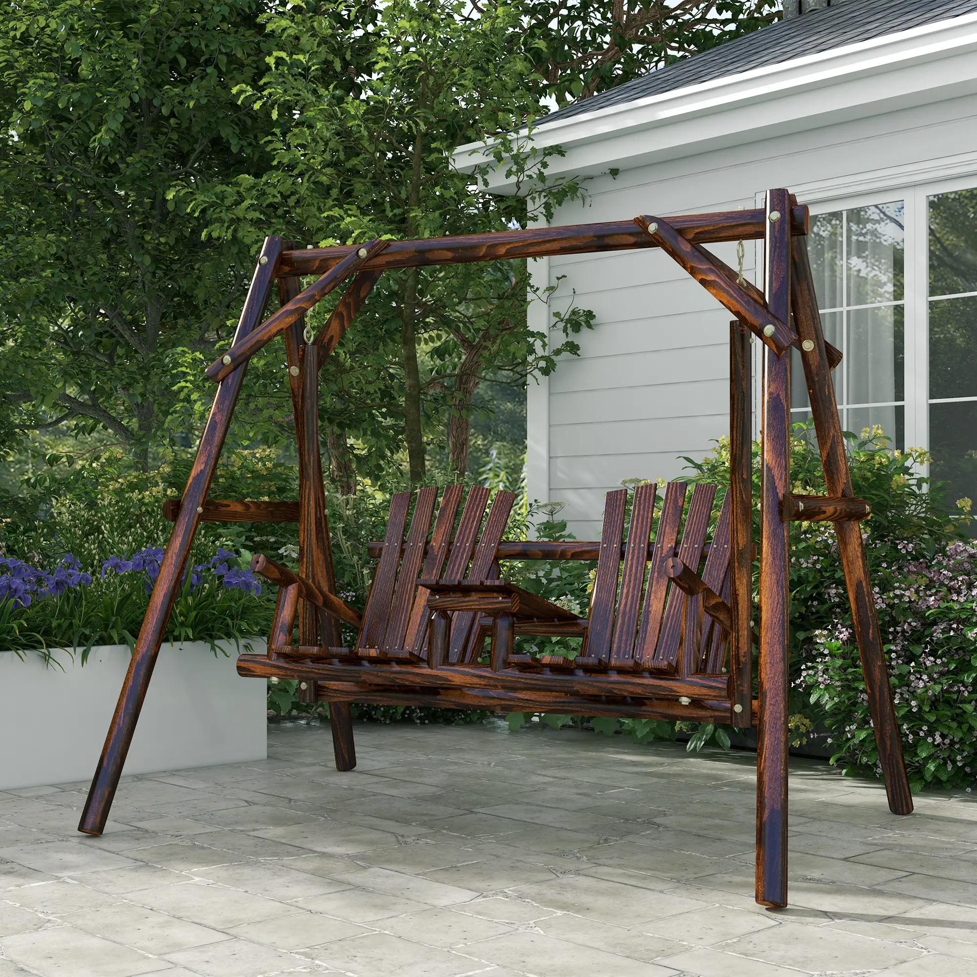 Wooden 2-Seat A-Frame Porch Swing, Rustic Patio Bench, Outdoor Furniture - Image 8