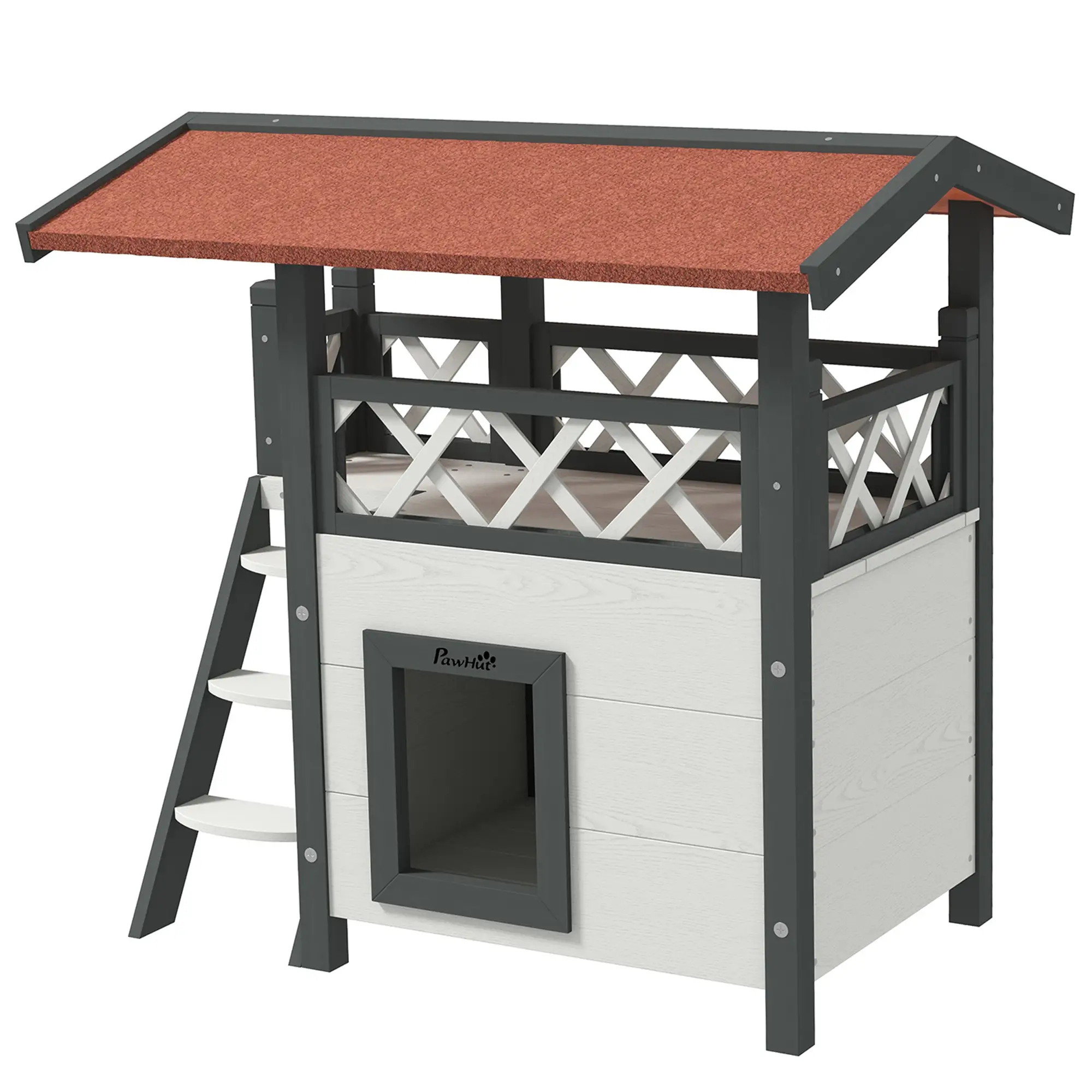 Wooden 2-Story Cat Shelter, Asphalt Roof, Stairs, Balcony, 30" x 20" x 29", White