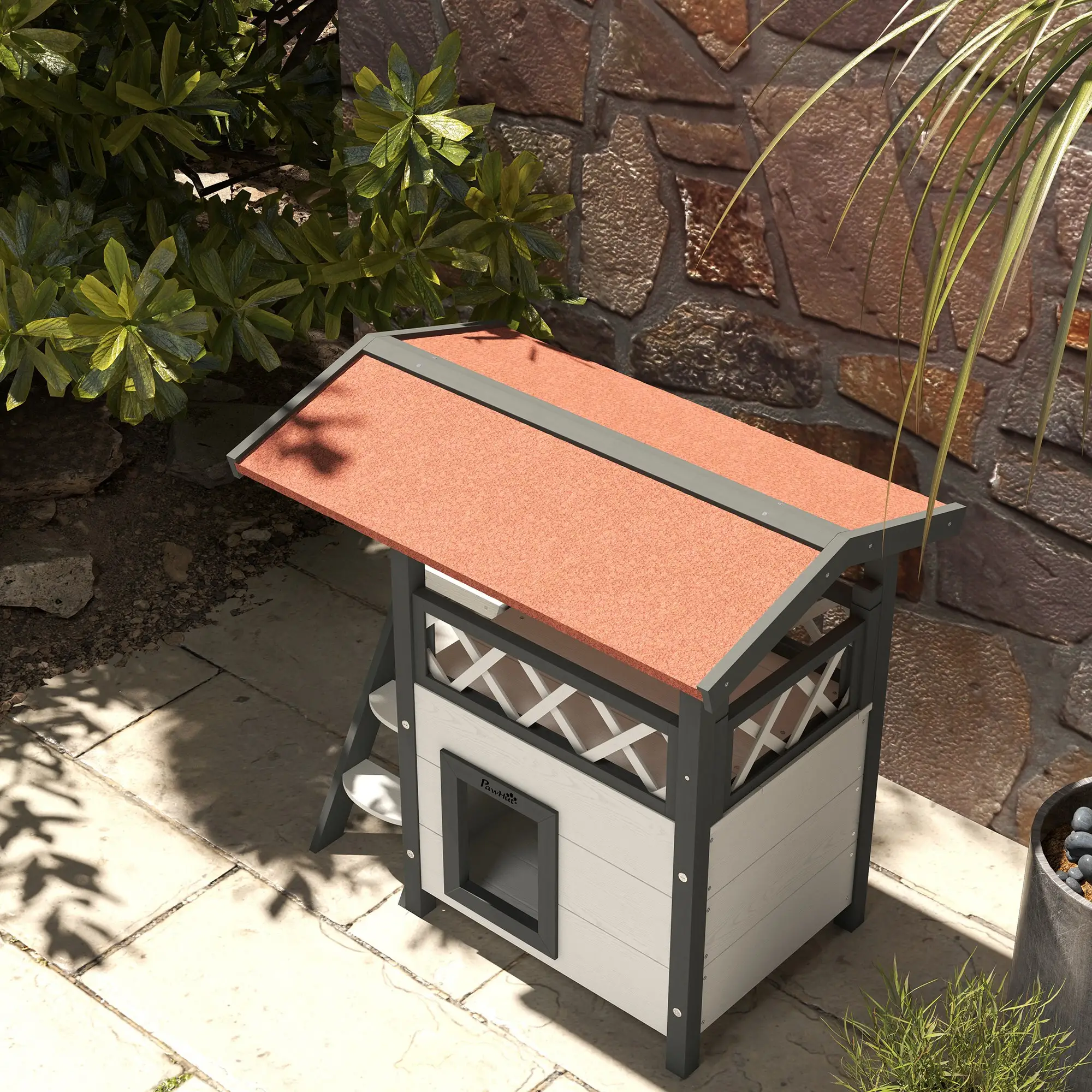 Wooden 2-Story Cat Shelter, Asphalt Roof, Stairs, Balcony, 30" x 20" x 29", White - Image 10