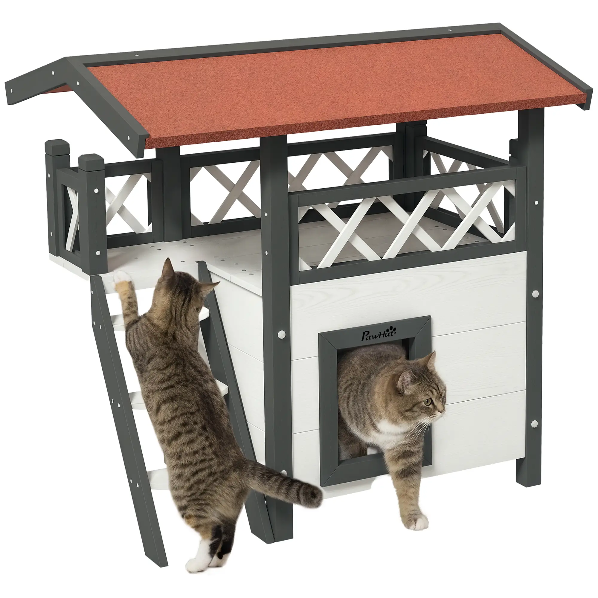 Wooden 2-Story Cat Shelter, Asphalt Roof, Stairs, Balcony, 30" x 20" x 29", White - Image 11
