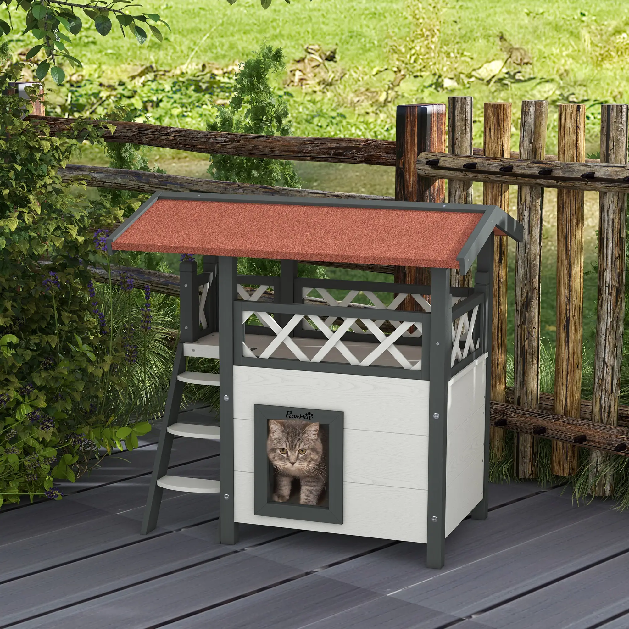 Wooden 2-Story Cat Shelter, Asphalt Roof, Stairs, Balcony, 30" x 20" x 29", White - Image 2