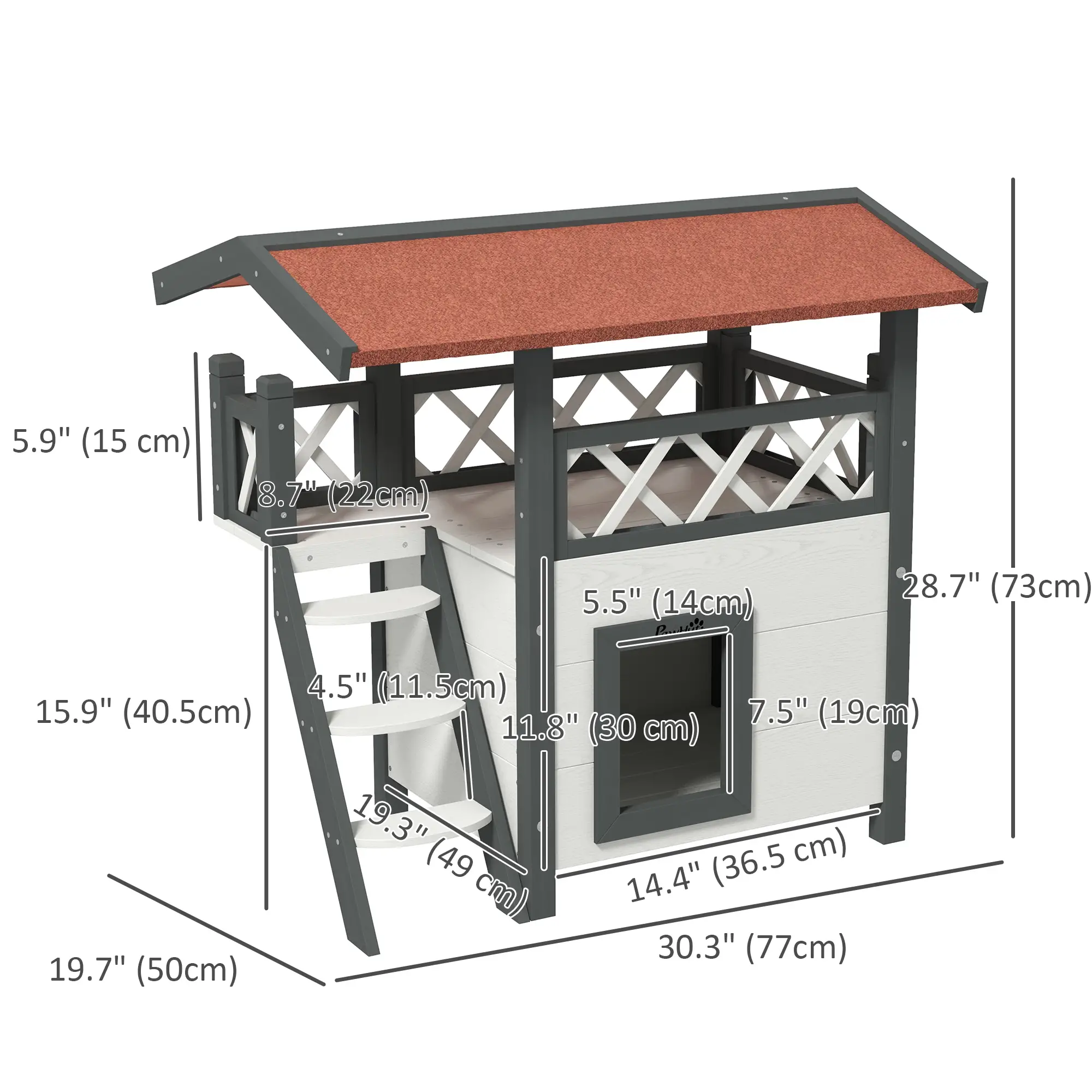 Wooden 2-Story Cat Shelter, Asphalt Roof, Stairs, Balcony, 30" x 20" x 29", White - Image 3