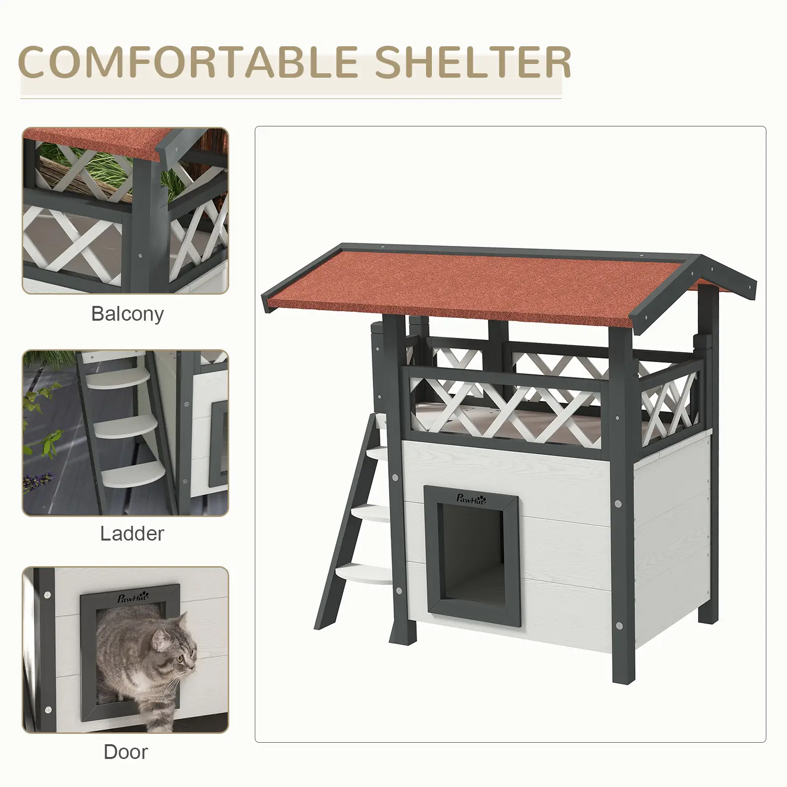 Wooden 2-Story Cat Shelter, Asphalt Roof, Stairs, Balcony, 30" x 20" x 29", White - Image 4