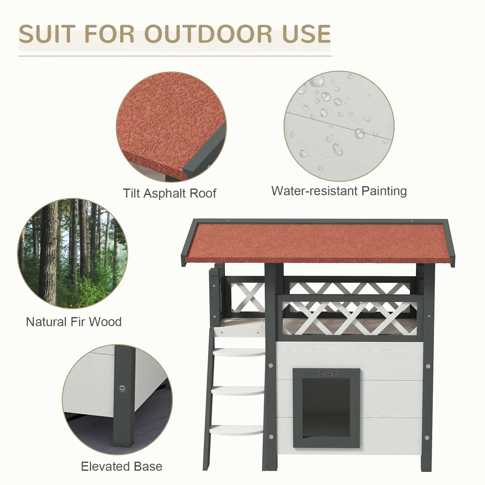 Wooden 2-Story Cat Shelter, Asphalt Roof, Stairs, Balcony, 30" x 20" x 29", White - Image 5