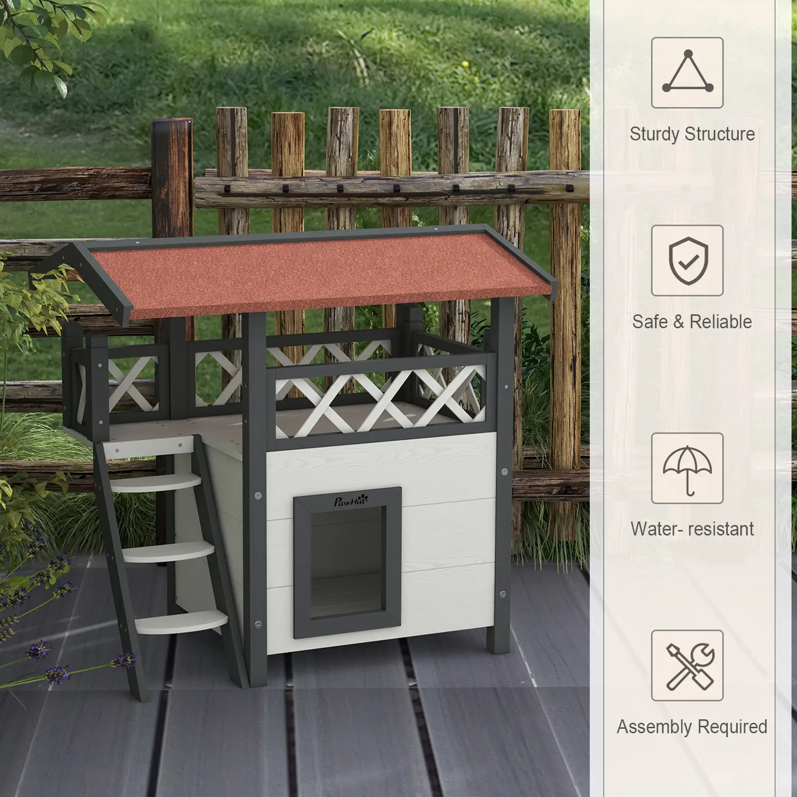 Wooden 2-Story Cat Shelter, Asphalt Roof, Stairs, Balcony, 30" x 20" x 29", White - Image 6