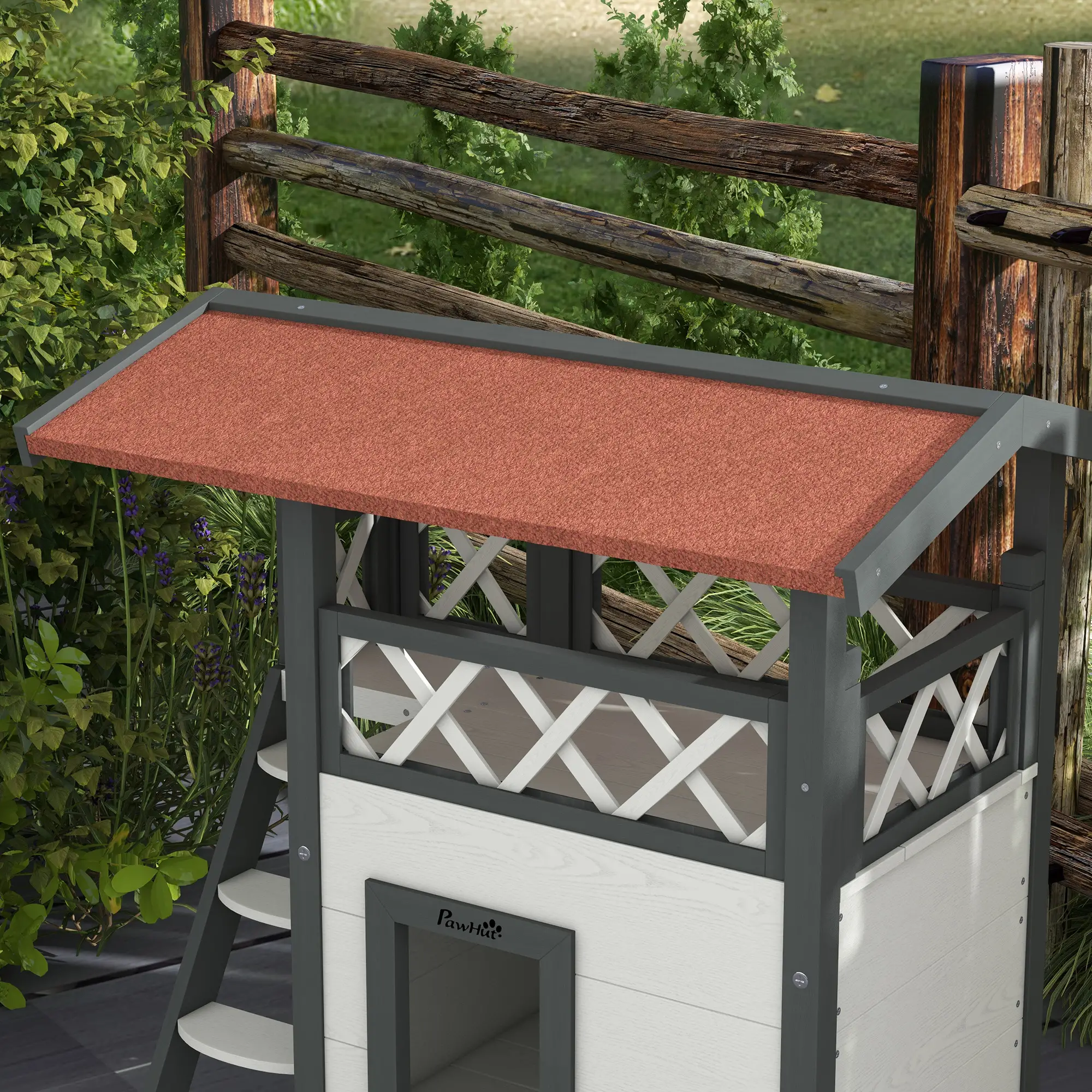 Wooden 2-Story Cat Shelter, Asphalt Roof, Stairs, Balcony, 30" x 20" x 29", White - Image 7