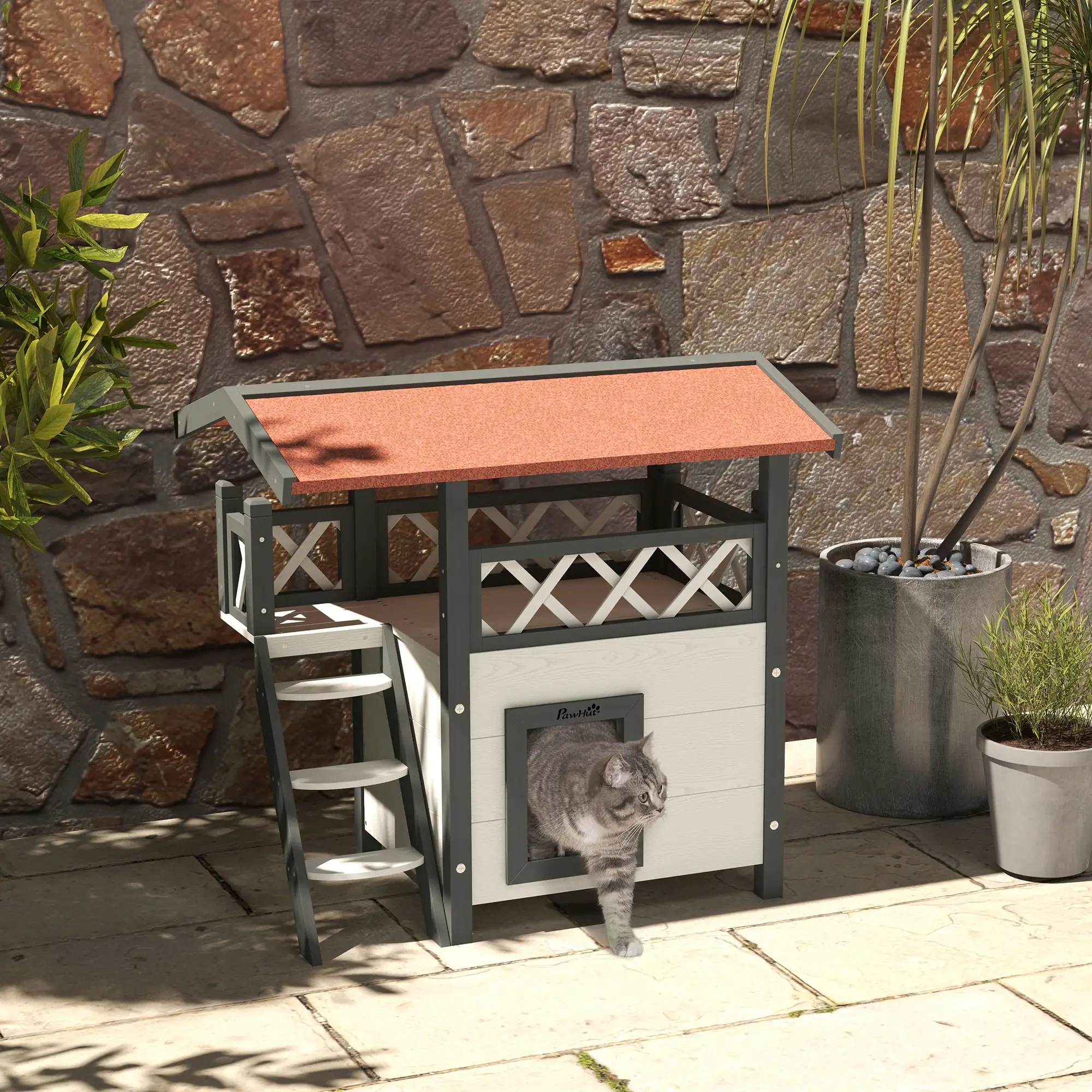Wooden 2-Story Cat Shelter, Asphalt Roof, Stairs, Balcony, 30" x 20" x 29", White - Image 8
