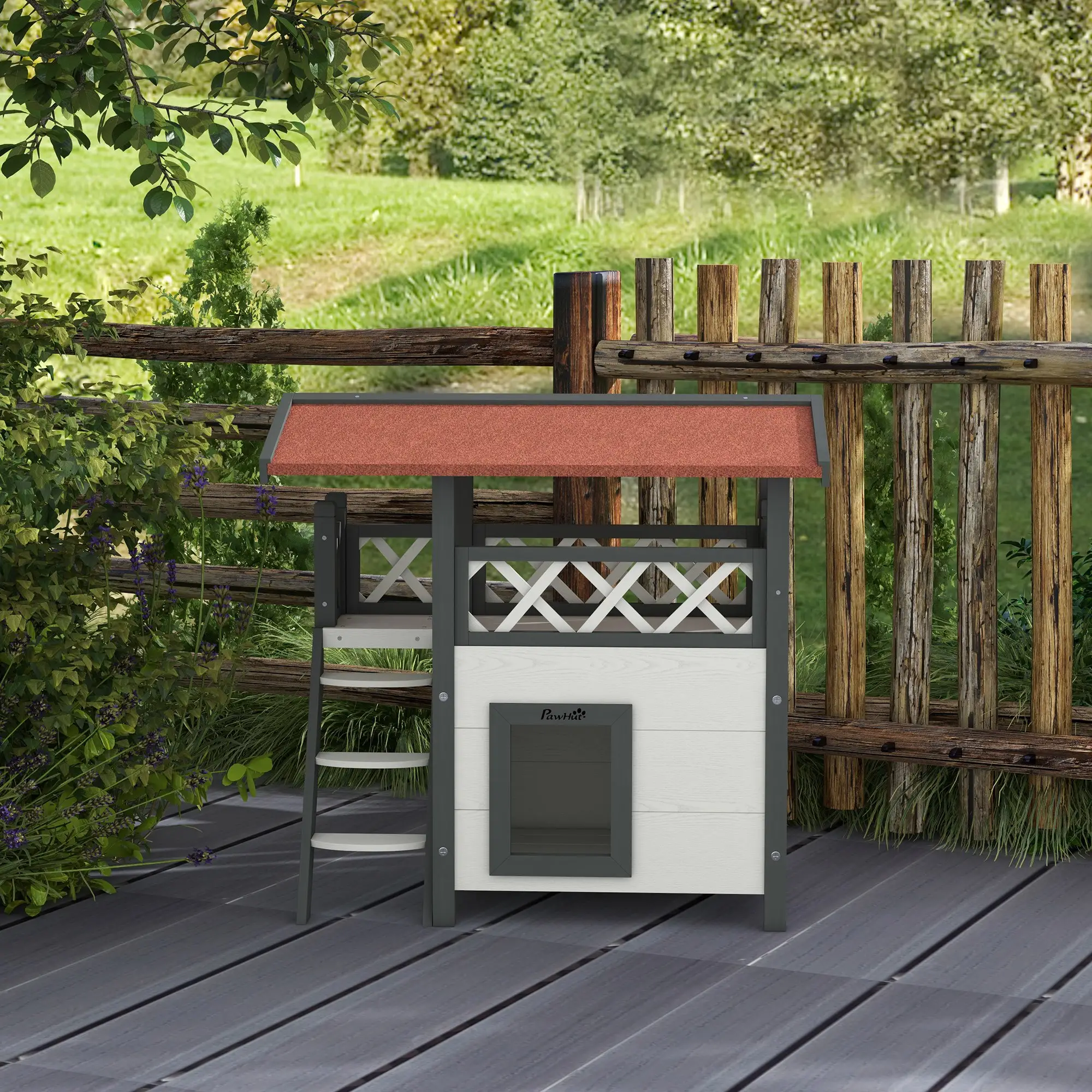 Wooden 2-Story Cat Shelter, Asphalt Roof, Stairs, Balcony, 30" x 20" x 29", White - Image 9
