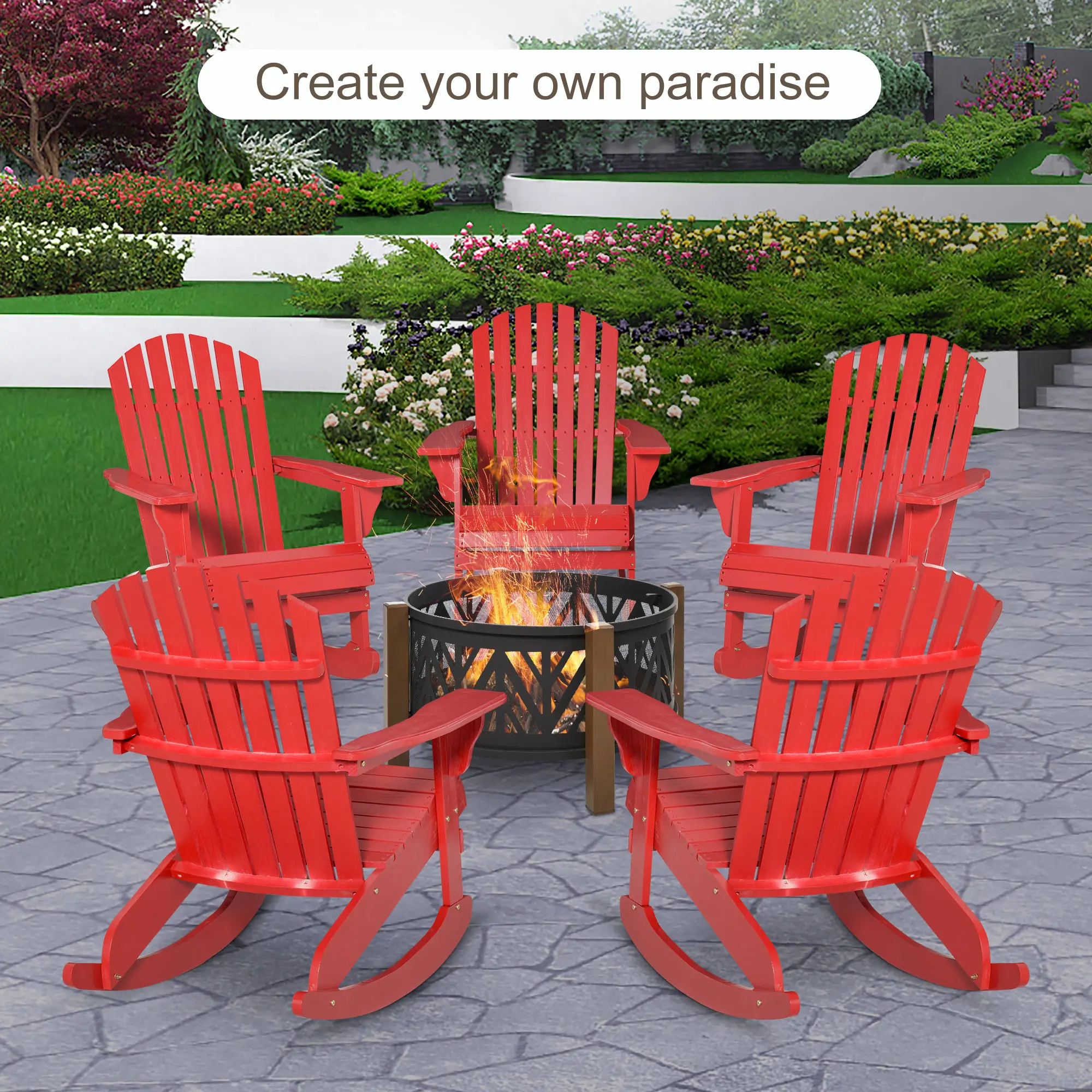 Wooden Adirondack Rocking Chair, Slatted Design, Fanned Back, Rustic, Red - Image 10